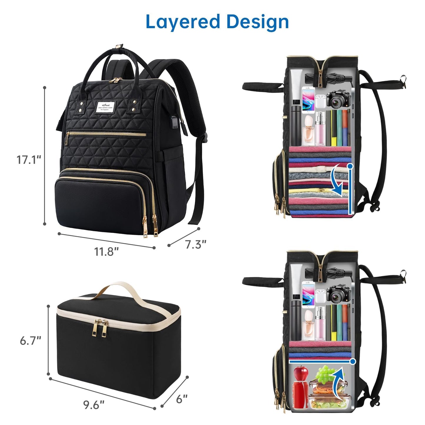 ETRONIK Lunch Backpack for Women, 17.3 in Laptop Bag with USB Charging Port, Teacher Nurse Work Backpacks Insulated Cooler Bag Gifts Women Men Travel, Black