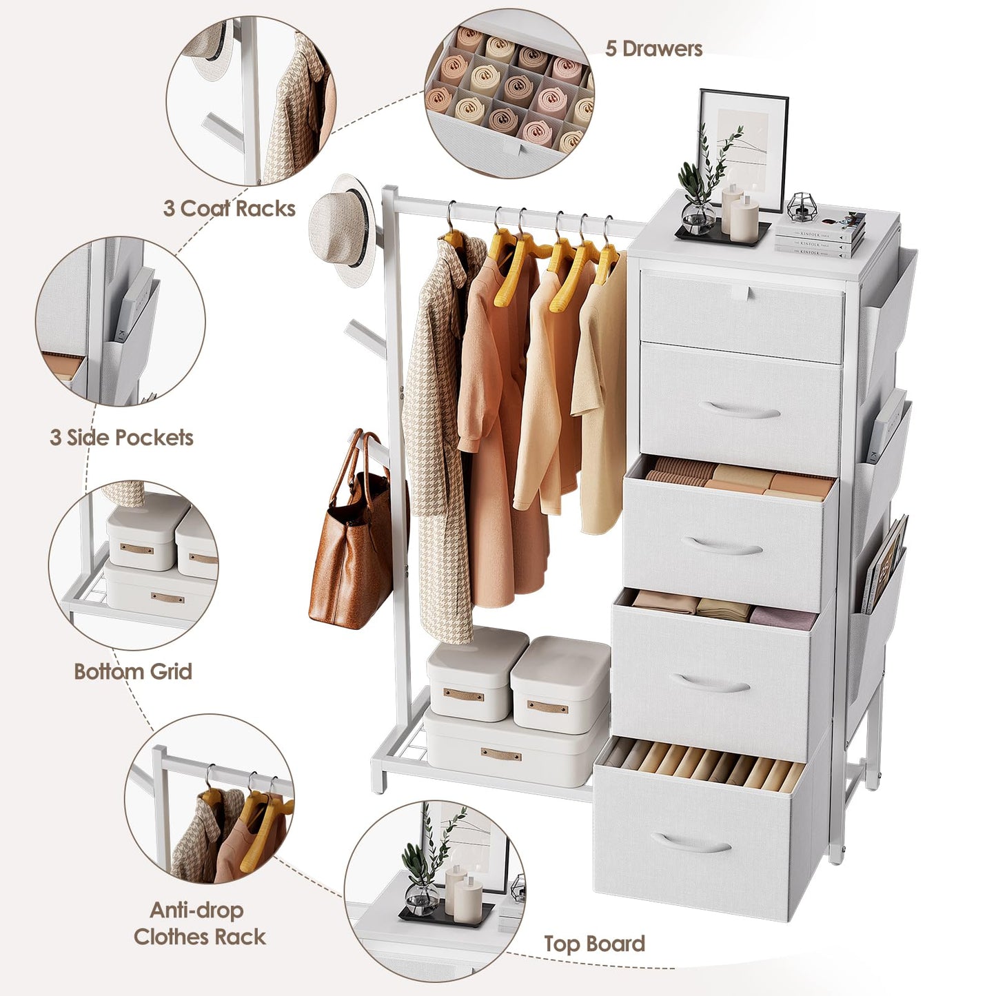 Luxspire Dresser with Hanging Rack, Reversible Dresser for Entryway with 5 Fabric Storage & 3 Coat Racks & Side Pockets Small Closet with Clothes Rack, White
