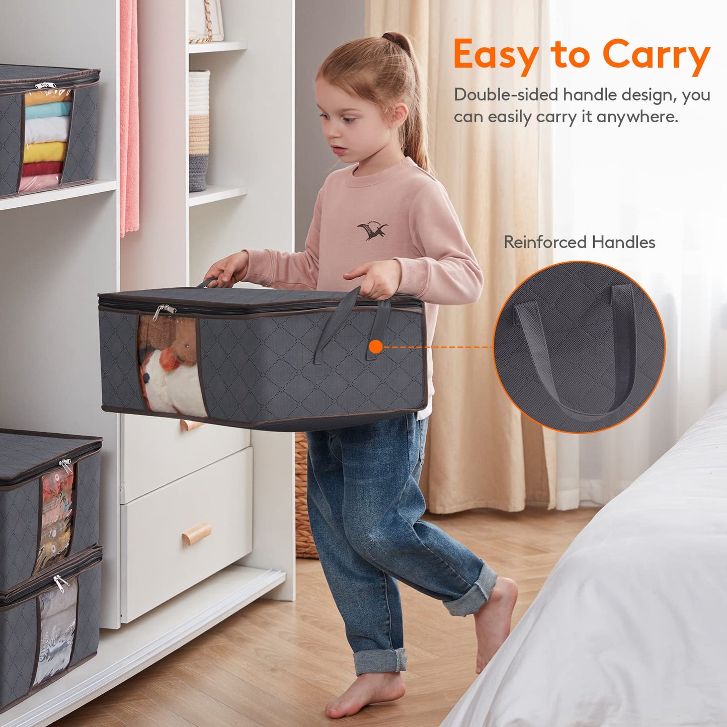 Lifewit Clothes Storage Bag Foldable Organizer Bin with Reinforced Handle Sturdy Breathable Fabric Clear Window for Sweaters, Coats, T-Shirts, Blankets, 6 Pack, Grey