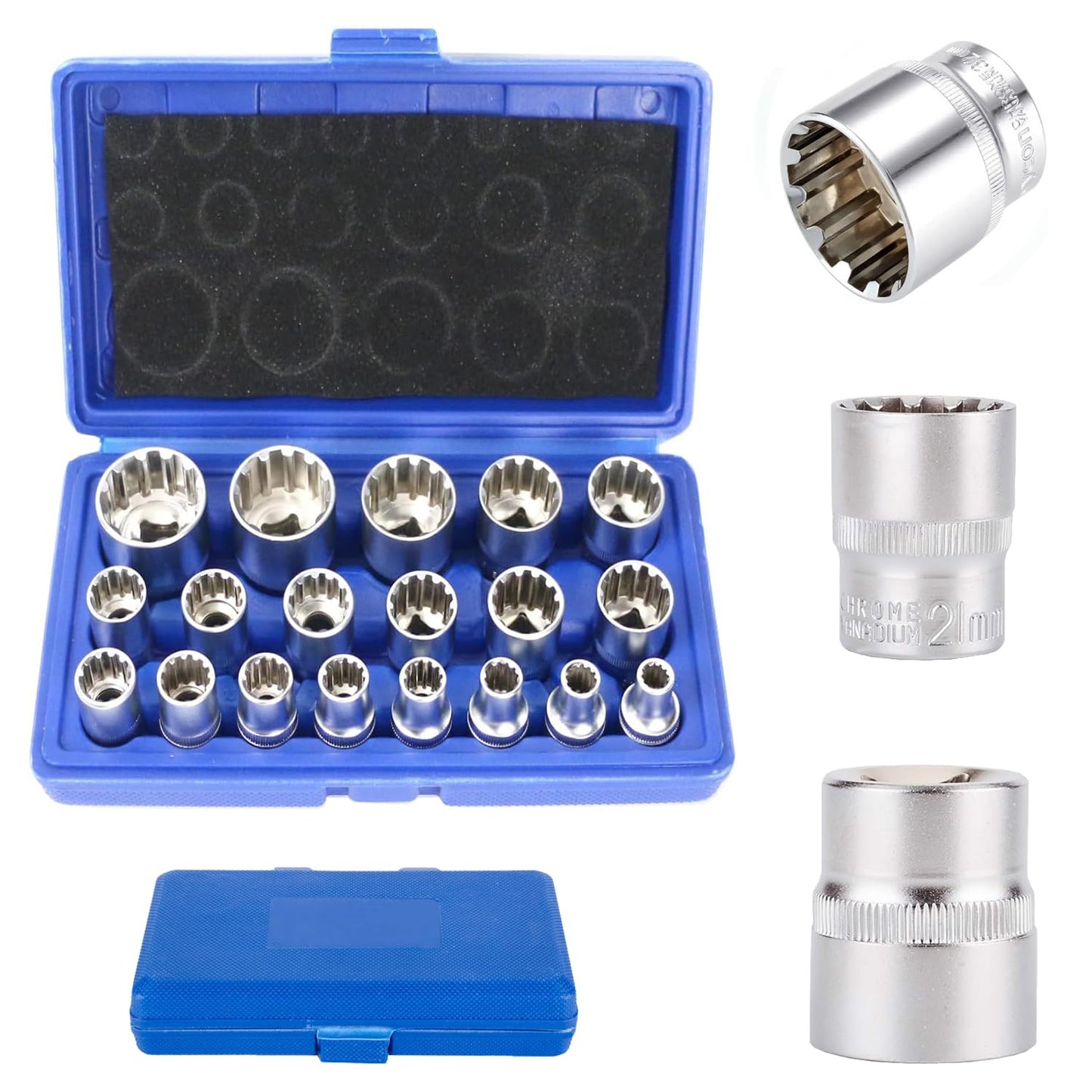 Spline Socket Set Metric, 1/2" Drive Universal Metric 8-32mm 12-Point Cr-V Socket Set (19pcs)