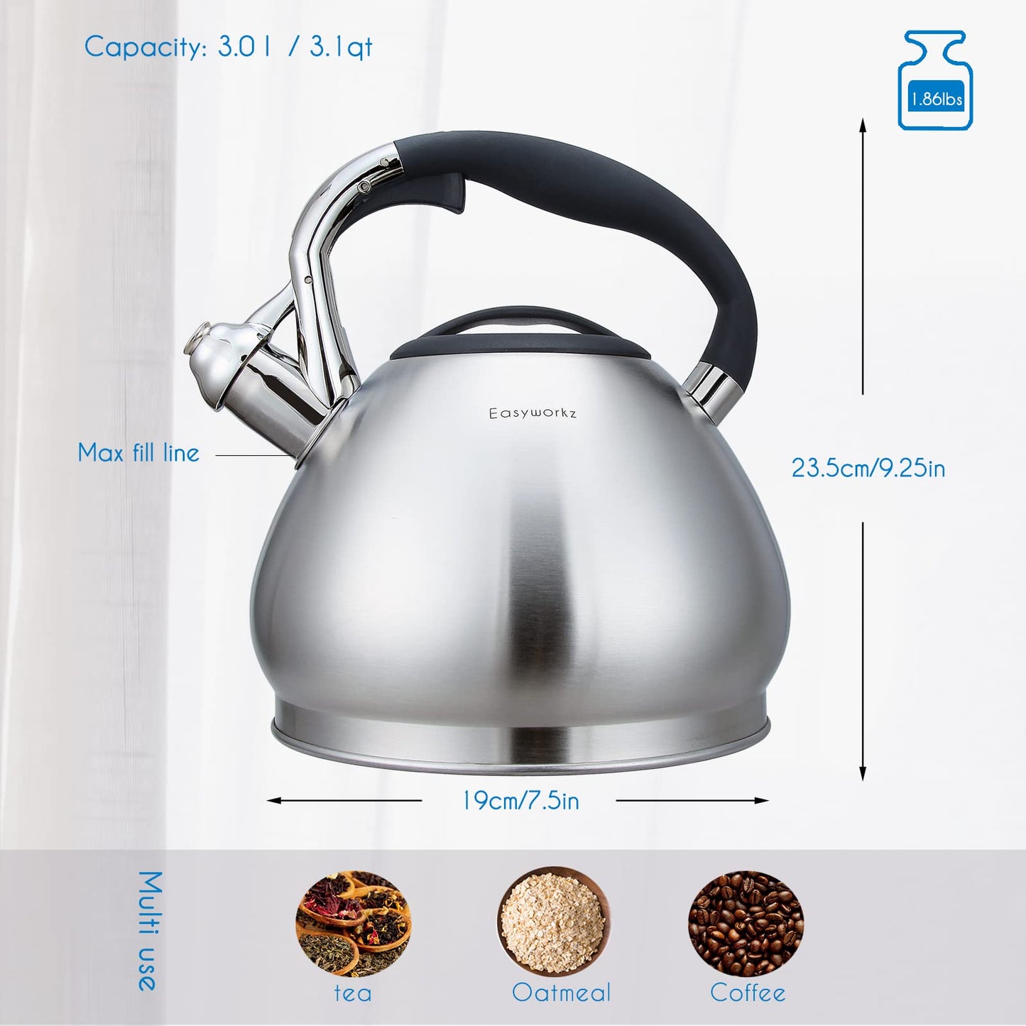 Easyworkz Whistling Stovetop Tea Kettle Food Grade Stainless Steel Hot Water Tea Pot with Loud Whistle,3.1 Quart(3.0l)