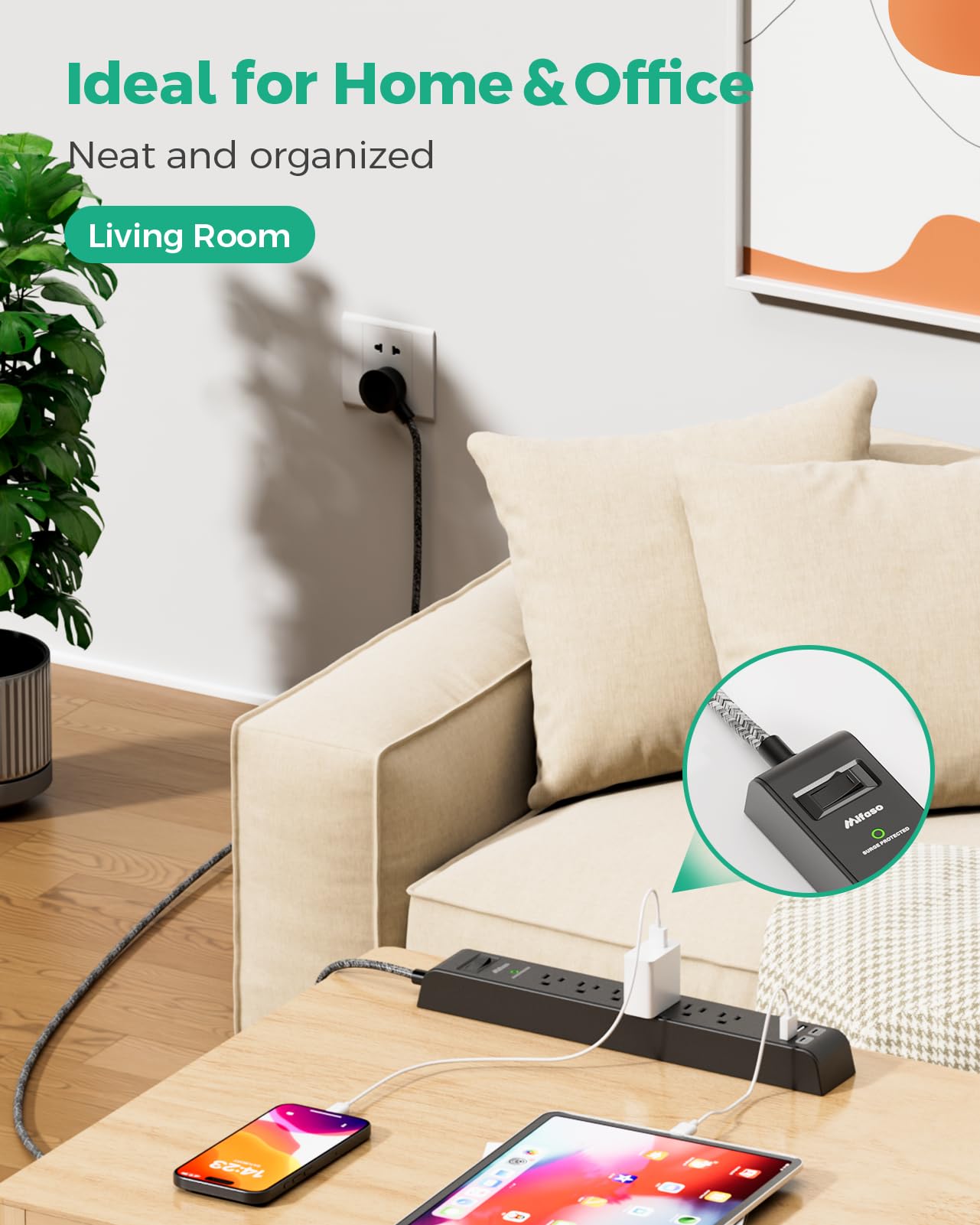2 Pack-12FT Long Power Bar Surge Protector - with 6 Outlets 4 USB Ports, Heavy-Duty Braided Extension Cord, Flat Plug, 900 Joules, 15A Circuit Breaker, Wall Mount for Home Office