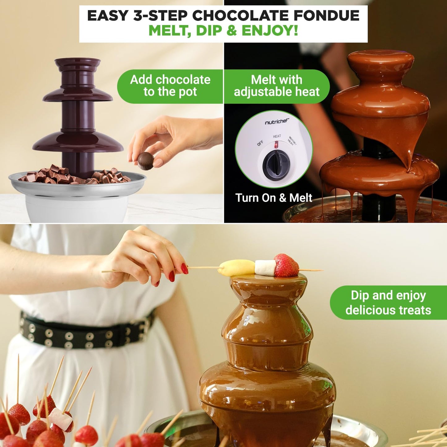 3 Tier Chocolate Fondue Fountain - Electric Stainless Chocolate Dipping Warmer Machine - Warm & Melt Chocolate, Butter, Cheese, Caramel - Great for Parties, Events & Weddings - Pot Capacity 16 OZ