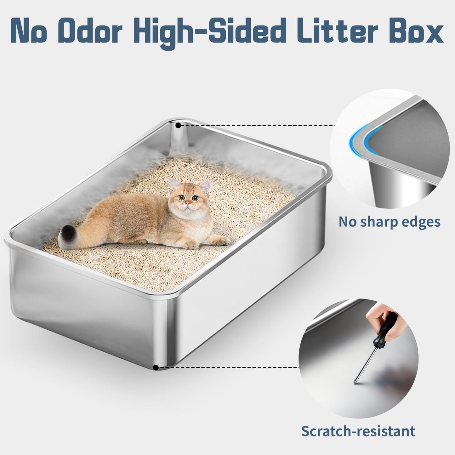 Bartuke 3 Pack Stainless Steel Litter Box, 50x 35x 15cm Large Metal High Sided Cat Litter Pan, Stainless Steel Box Splash-Proof and Non-Stick Cat Poop Box odorless