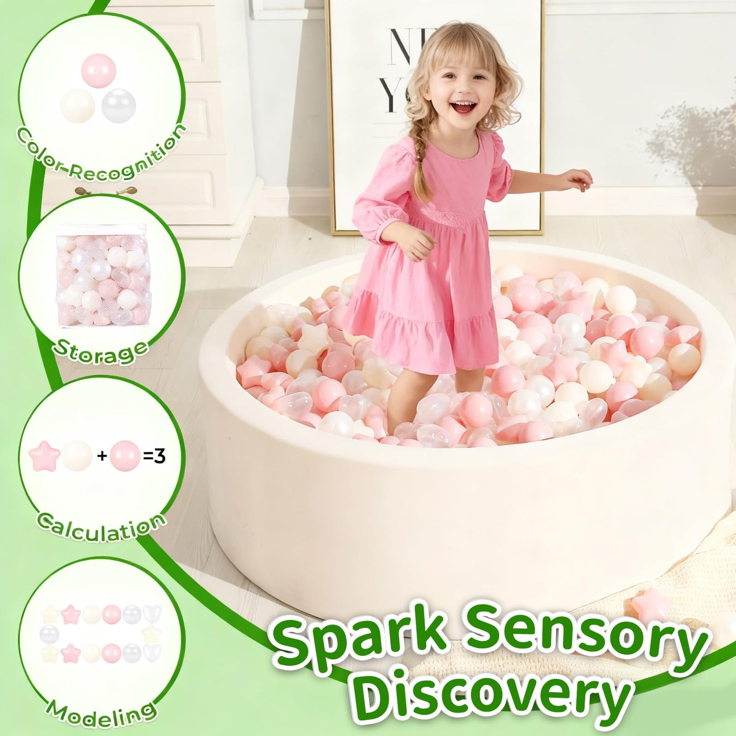 Ball Pit Balls 100 Balls for Toddlers, Crush Proof Plastic Children's Toy Balls Macaron Ocean Balls for Birthday Parties Games Pool, Pink+Beige+Pearl White+Clear Mix Shapes