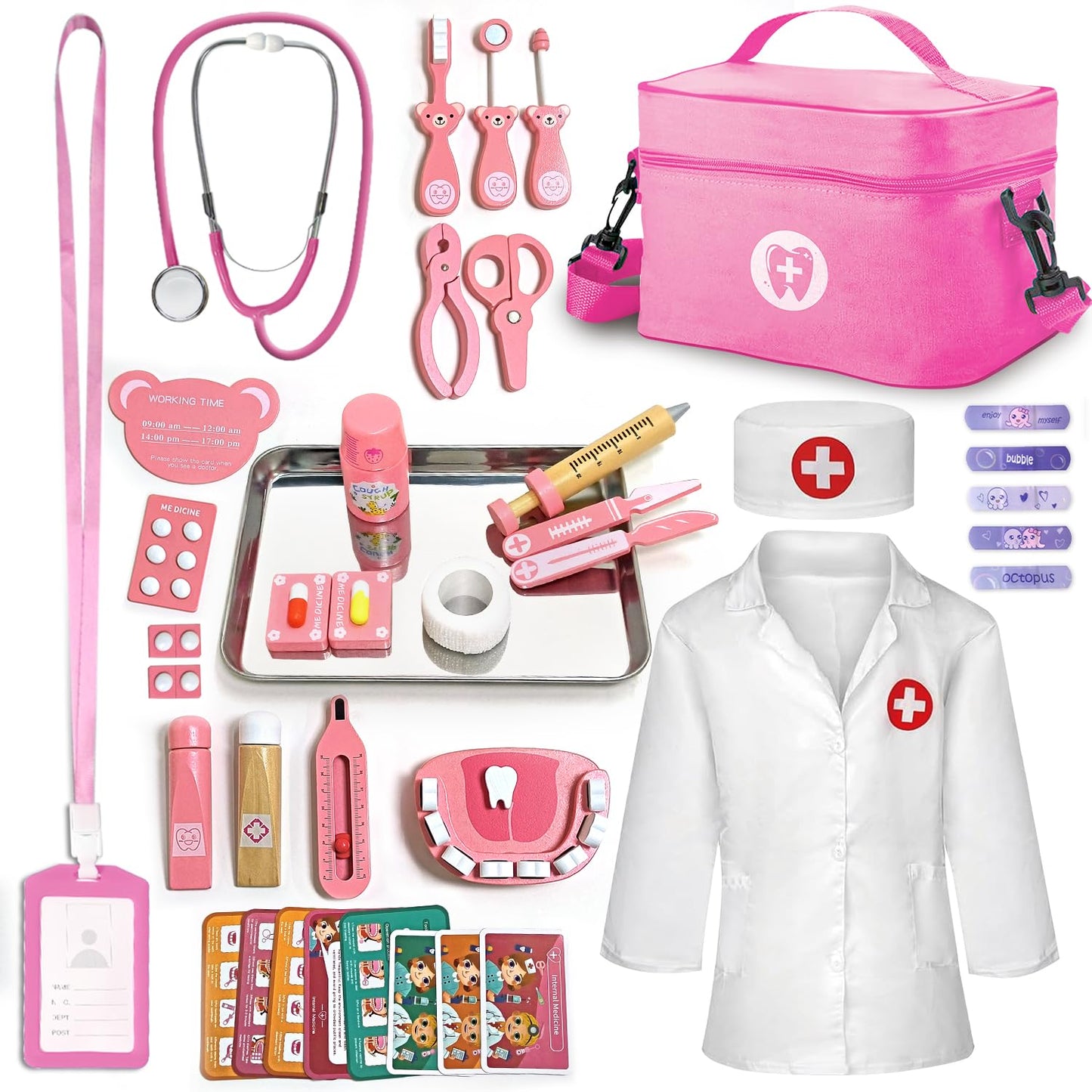 XZZO Doctor Kit for Kids, Pretend Play Dentist Set for Toddlers with Medical Bag & Real Stethoscope, Realistic Wooden Medical Kit Role Play Set, Gifts for Boys Girls 3+ Years