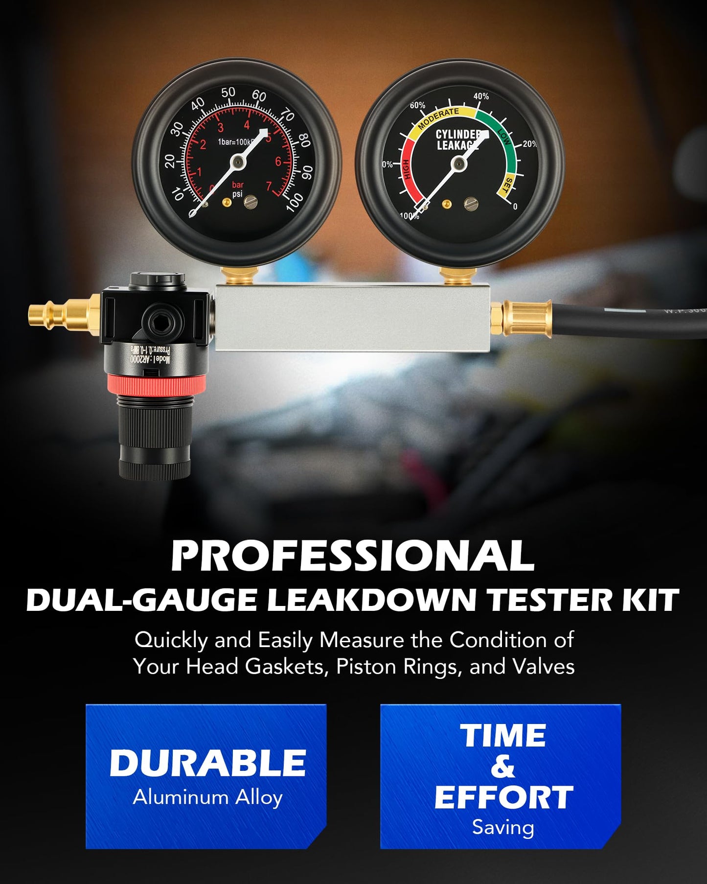 Orion Motor Tech Cylinder Leak Down Tester Kit, Dual-Gauge Automotive Engine Leakage Tester for Petrol Engines, Adjustable Leakdown Diagnostic Detector Tool Kit with Spark Plug Adapters