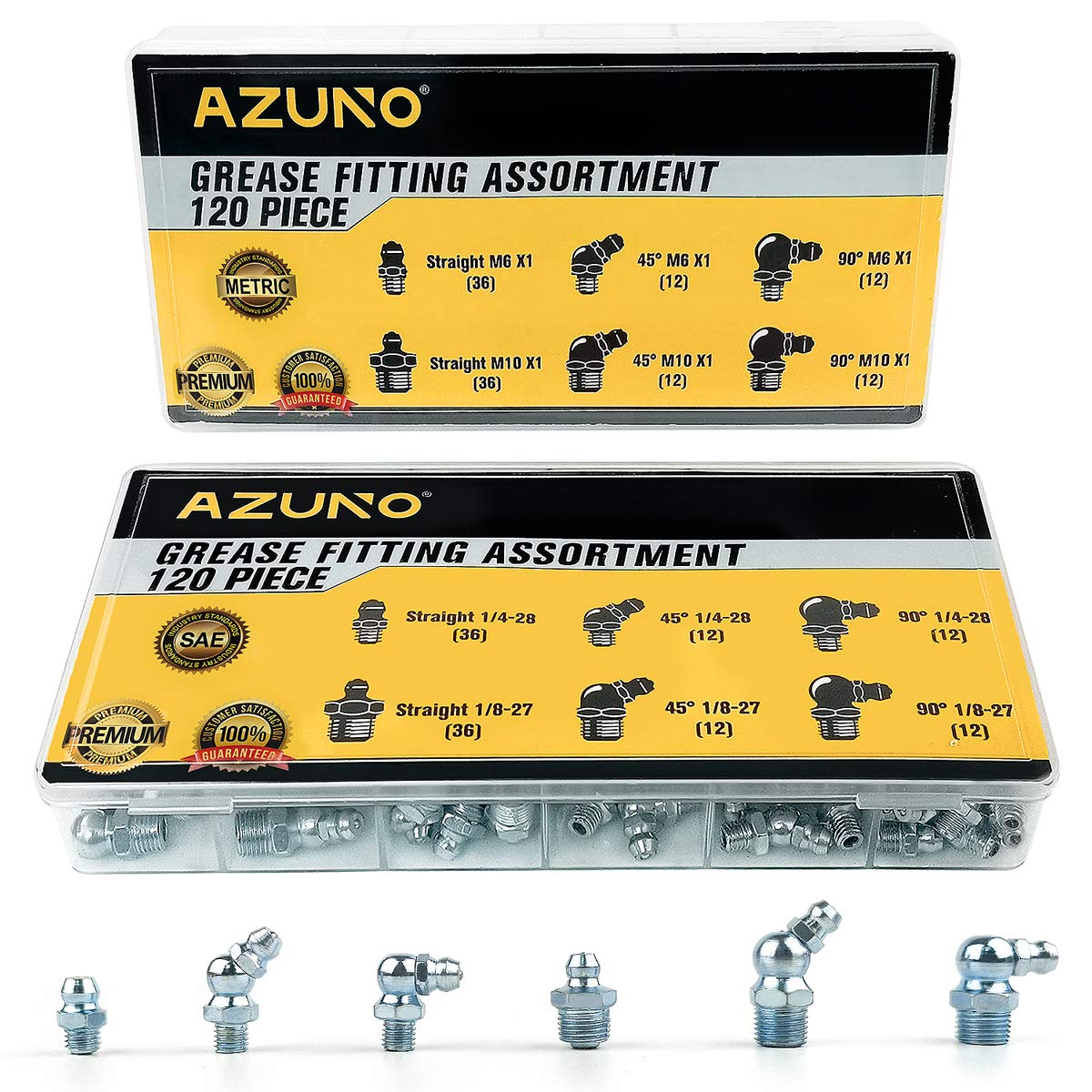 AZUNO Grease Fittings Assortment, 240 Pcs SAE & Metric Grease Nipples NPT 1/4" 1/8" M6 M10, Straight 45 90 Degree Grease Zerk Fittings with Caps for Grease Gun