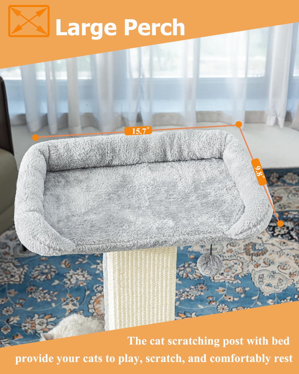 Karolpar 32" Cat Scratching Post for Indoor Cats, Sisal Cat Scratcher with Plush Perch, Large Scratch Post with Bed, Removable Cover, Sisal Fabric (Gray)