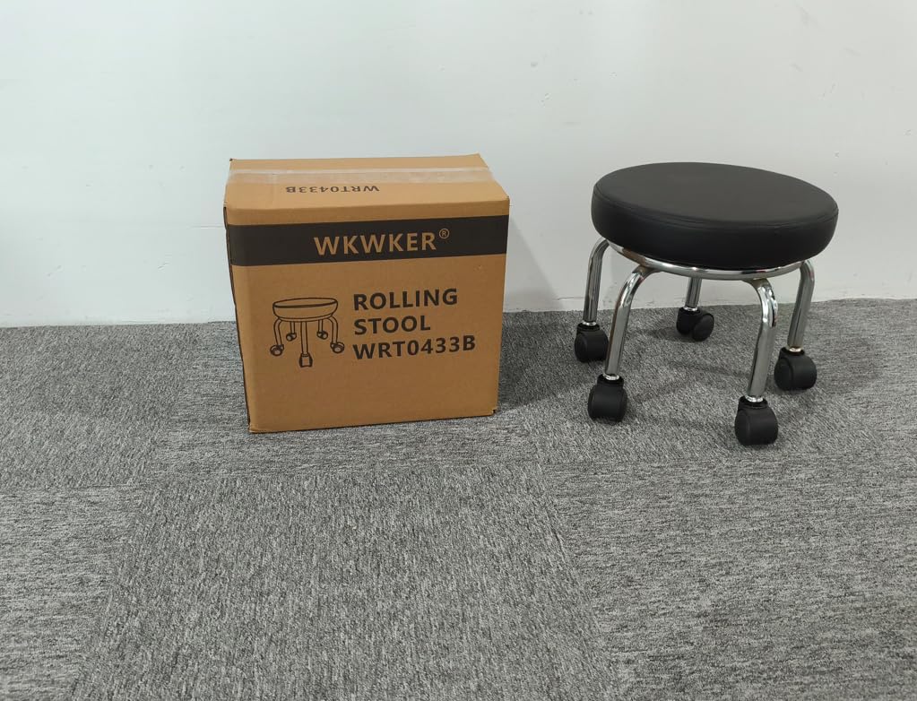 WKWKER Small Roller Stool PU Leather Wheeled Seat 360° Rotating Low Round Stool with Universal Wheels for Home Massage Garden Office Garage Shop Fitness Sports, H:31.5cm (Black)