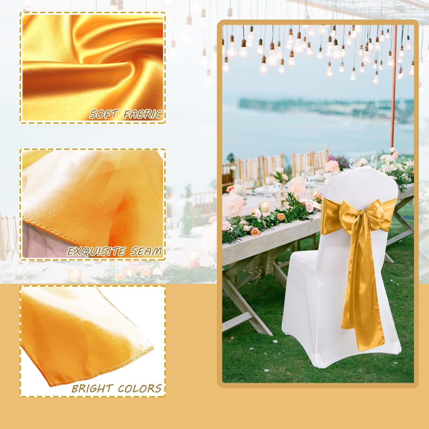 60PCS Satin Chair Sashes Bows, 7x108 inch Universal Ribbon Ties Chair Sashes Wedding Chair Covers for Wedding Reception Banquet,Restaurant Event, Birthday Party,Hotel Event Decorations (Antique Gold)