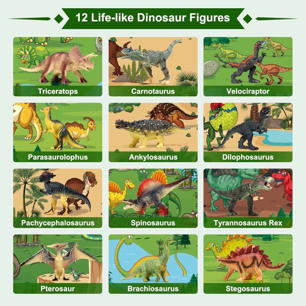 FRUSE Dinosaur Toys Figures,12 PCS Realistic Large Dinosaur Figurines with Jumbo Play Mat & Information Dino Book,Educational Dino Figure Playset Cake Topper Decoration for Kids