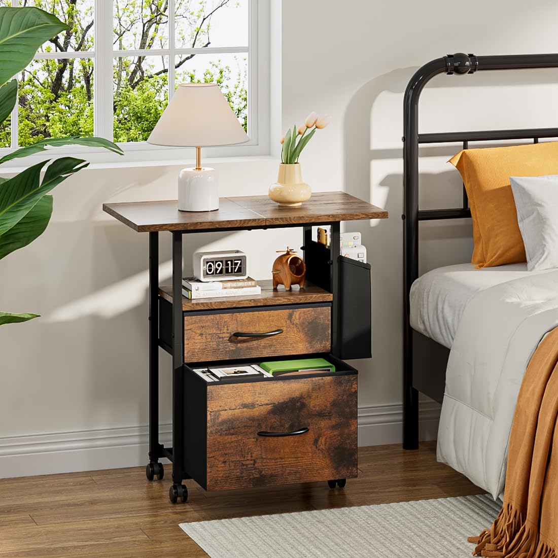 CAVSOIR File Cabinet with 2 Fabric Drawers, Mobile Filing Cabinet Printer Stand for Home Office, 3-Tier End Table Desk Night Stand Bedside Table for Bedroom (Rustic Brown)