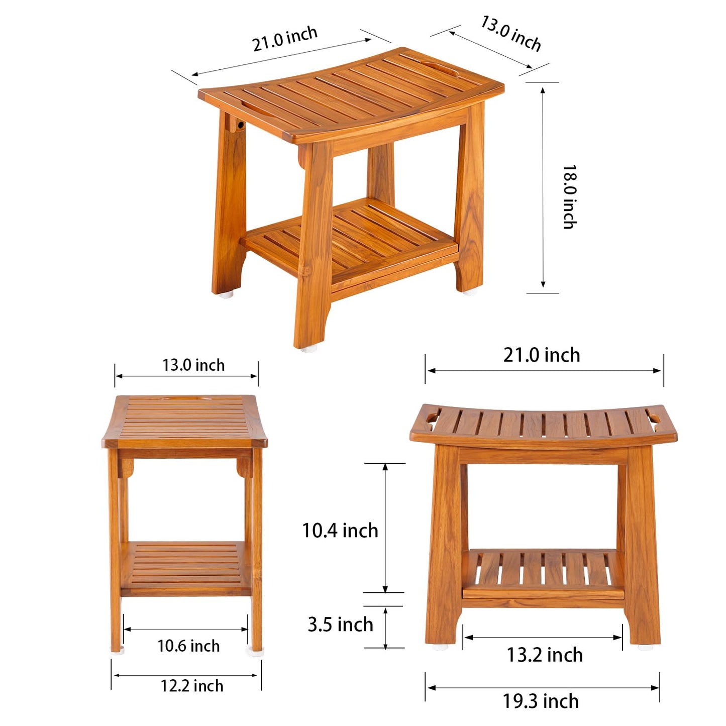 21" Standard Teak Shower Bench with Shelf & Handle - Waterproof, Non-Slip Bath Stool, 300 lbs Capacity - Fits Standard Tubs/Showers & Outdoor Use (Patented)