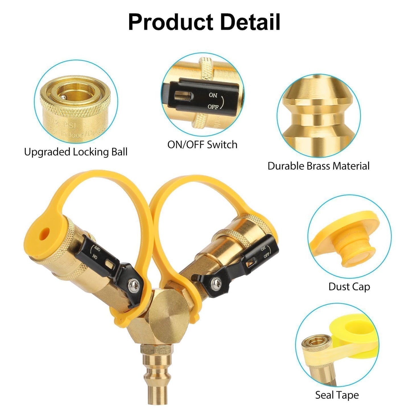 EEEKit 1/4" RV Propane Quick Connect Splitter, Solid Brass Natural Gas Y Splitter Adapter, Propane Tank Splitter, 1/4" Propane Fittings Quick Connect Disconnect Kit for BBQ Camping
