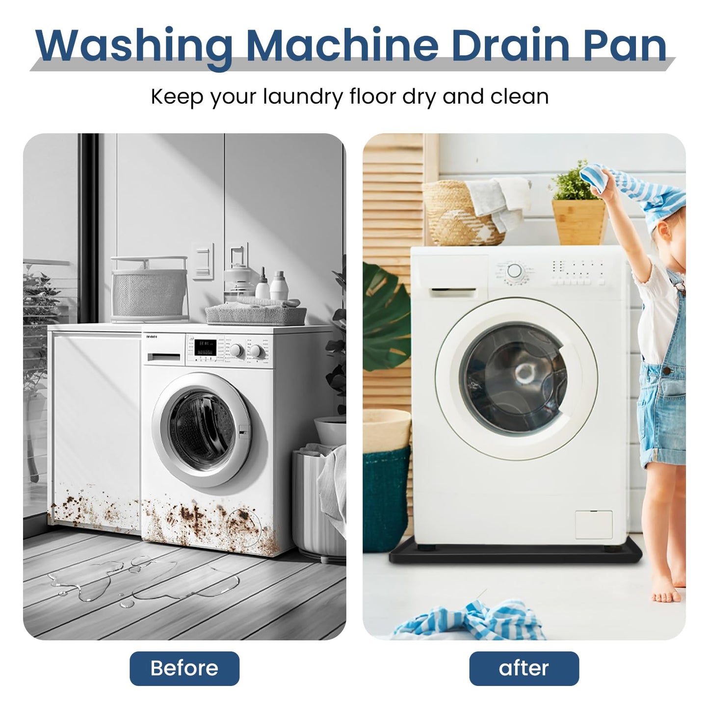Silicone Washing Machine Pan - 68X68cm Washing Machine Tray with Raised Edge, Non-Slip Trays for Under Washer and Dryer, Washer Tray for Floor Protection (Black-1PC)