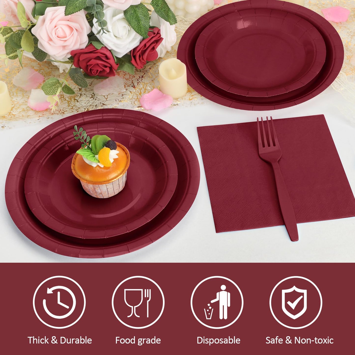 Burgundy Plates and Napkins Party Supplies, Include 9’’Disposable Burgundy Paper Plate, 7’’Dessert Plates and Cups and Napkins Forks Set for Birthday, Anniversaries, Wedding, Serves 25