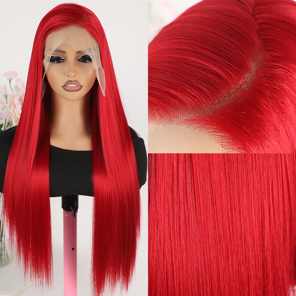 Maycaur Red Wigs for Women Black Long Straight Synthetic Lace Front Wigs Pre Plucked Hairline Glueless HeatResistant Long Wigs Free Part Hair Replacement Wig for Daily Use 26 Inch