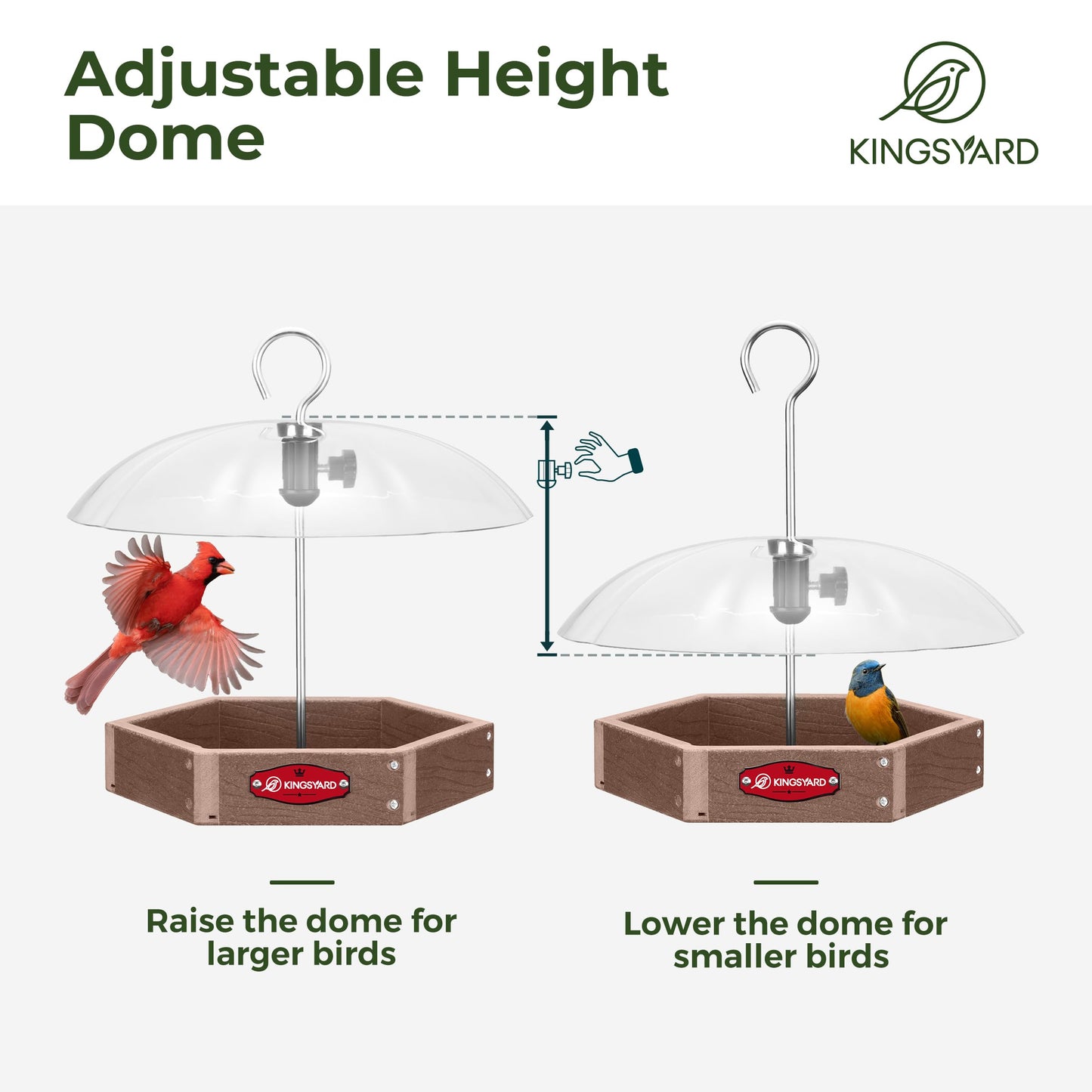 Kingsyard Platform Bird Feeder for Outdoor Hanging - Rugged Recycled Plastic Wild Bird Feeding Station with Adjustable Dome & Metal Mesh Tray. Brown