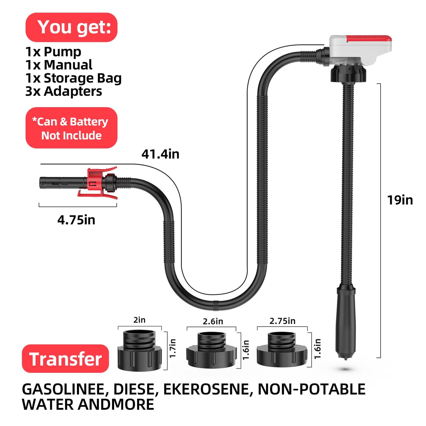Gasoline Fuel Pump Battery Powered Fuel Transfer Pump Liquid Pump with Auto-Stop Flexible Hose for Gasoline Diesel Fuel（Batteries Not Included）