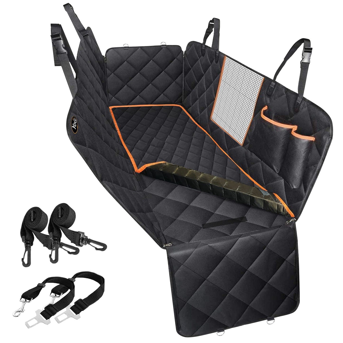 Dog Car Seat Cover, Large Back Pet Car Seat Protectors with Mesh Viewing Window and Extra Cover for a Quick wash, 2 Seat Belt, Non-Scratch Waterproof Nonslip Dog Hammock for Cars Trucks and SUV