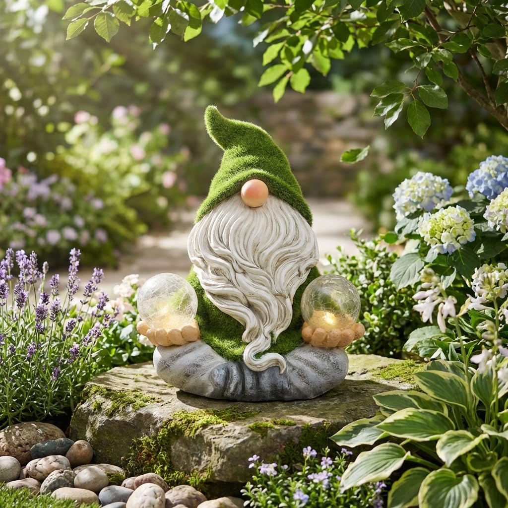 TERESA'S COLLECTIONS Garden Gnomes Decorations for Yard with Solar Lights, Yoga Gnome Resin Flocked Zen Garden Sculptures & Statues for Outdoor Front Porch Patio Santa Decor, Ideal Gifts, 8"