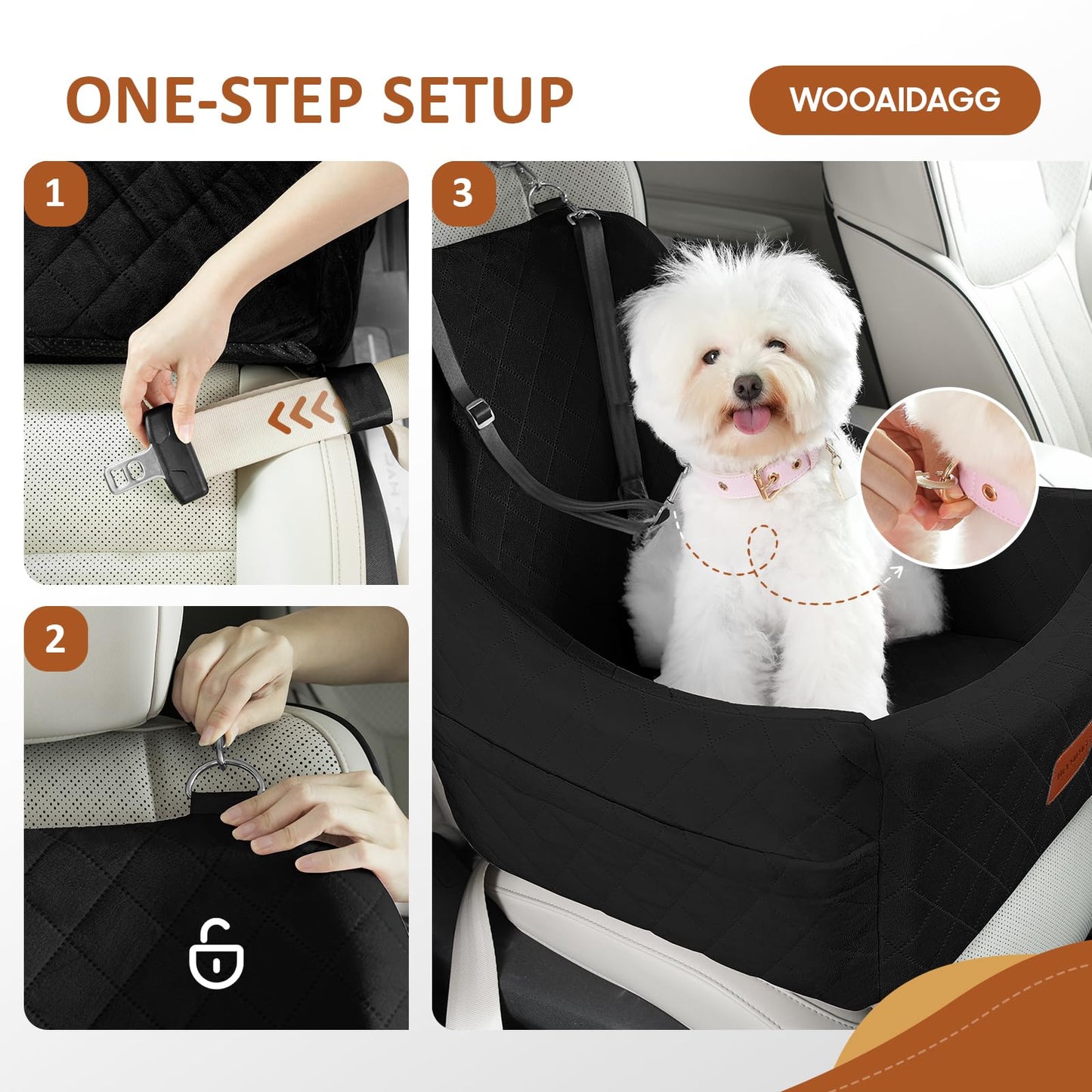 WOOAIDAGG Dog Car Seat for Medium Sized Dog,Pet Travel Car Bed with Seat Belt Channle,Fully Detachable and Washable Car Dog Seat with Adjustable Straps,3 Straps Easy to Install (Black, Medium)