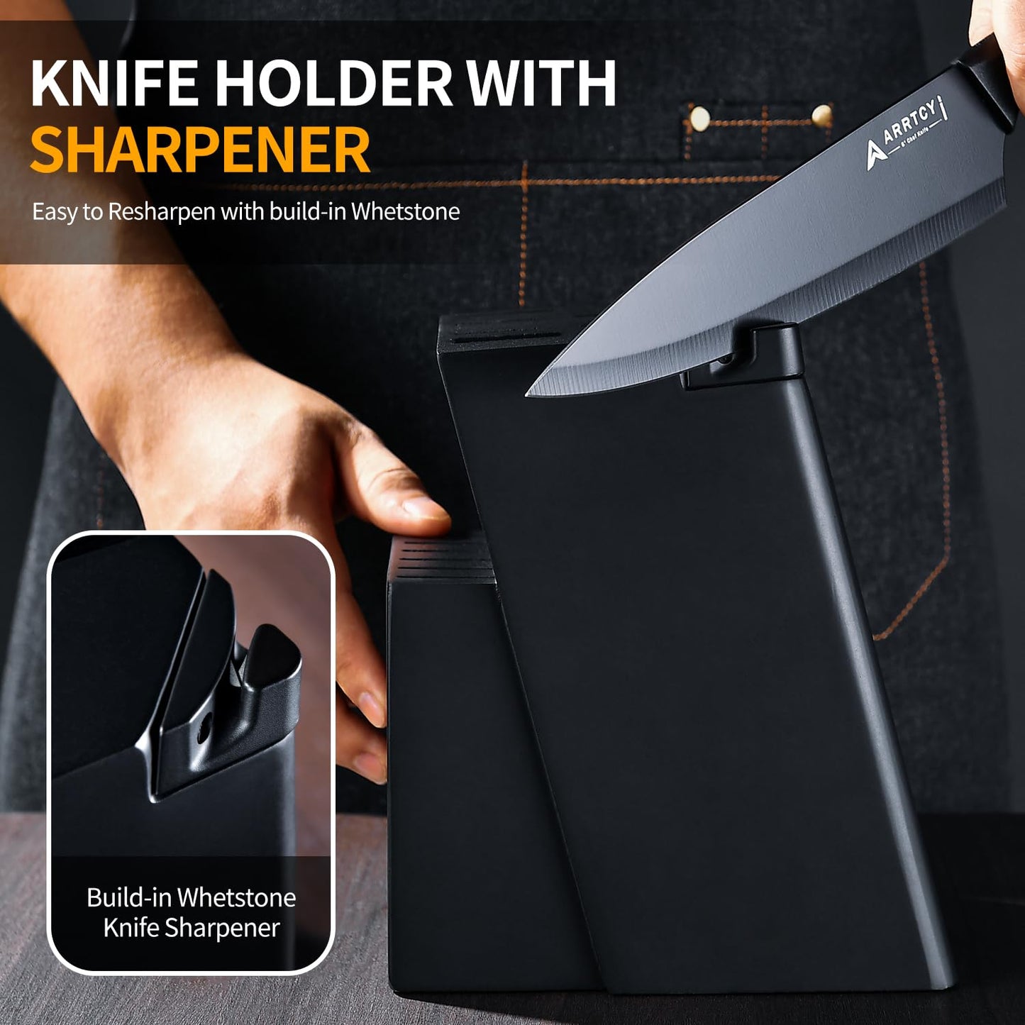 Arrtcy Knife Set - Kitchen Knife Set with Built-in Sharpener - Knife Block Set Dishwasher Safe 15 Piece - Anti-Slip Handle - German Stainless Steel - Black,with Gift Box