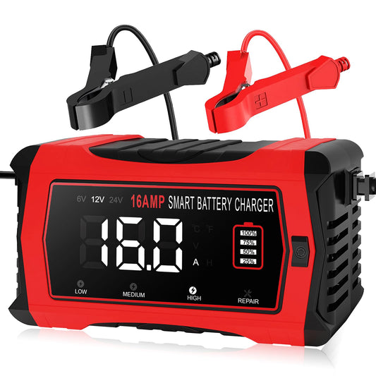 16-Amp Battery Charger, 12V 24V Lithium LiFePO4 Lead Acid Car Battery Charger 10-Stage Trickle Charger Smart Battery Maintainer w/Temp Compensation for Car Truck Lawn Mower Boat Marine