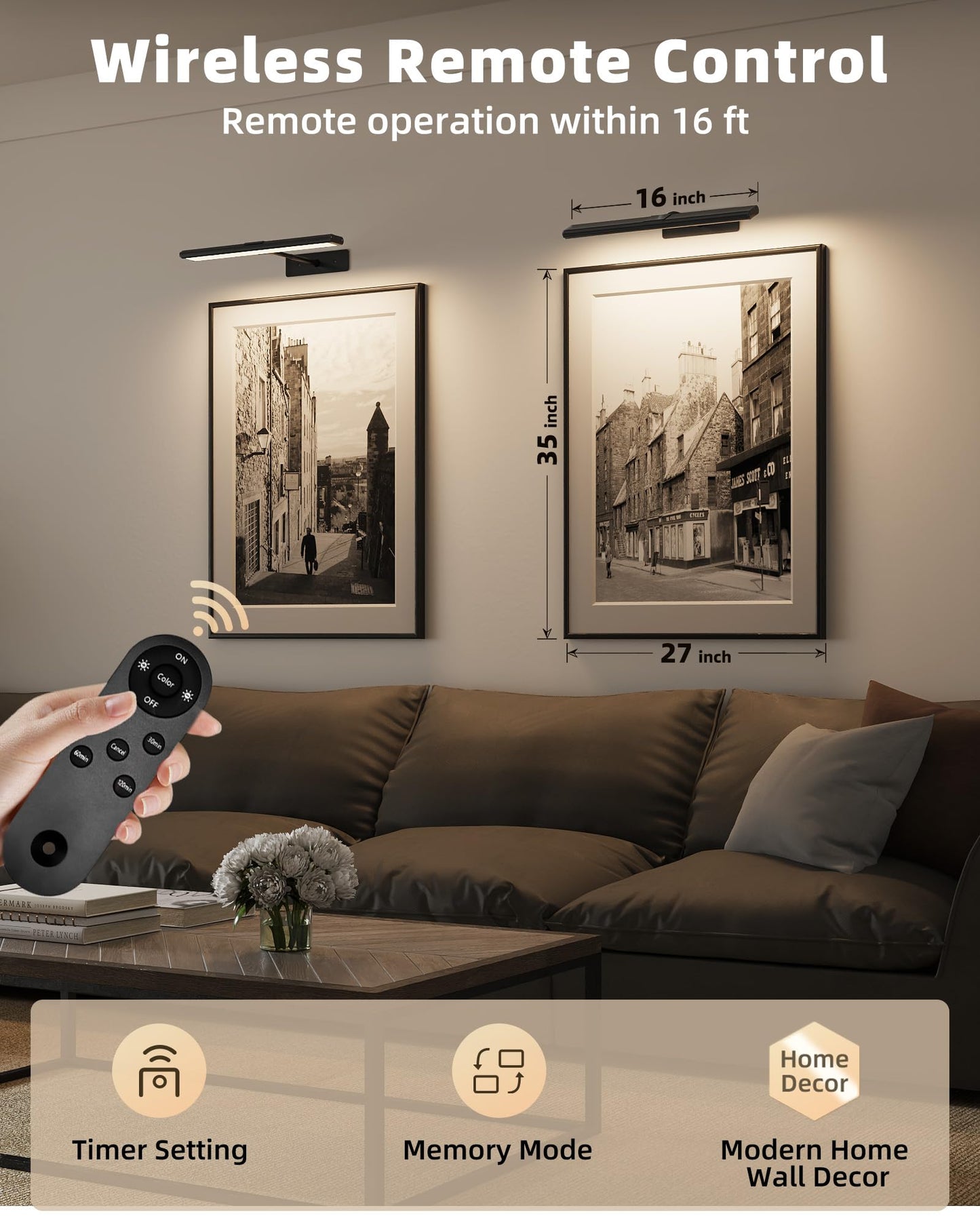 EZVALO 16'' Picture Light for Wall, 4800mAh Rechargeable Wireless IR Remote Control Battery Lights for Painting, Dimmable Magnetic LED Art Display Light, Colors Temperatures, for Gallery, Living Room