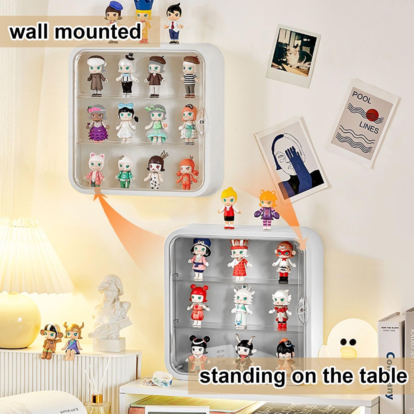 Clear Display Case for Figures, Collectibles Display Box with Shelves, 12 Inch Wall Mounted or Desktop Plastic Organizer, Miniature Acrylic Display Storage Case for Rock Stone Mini Figure, White