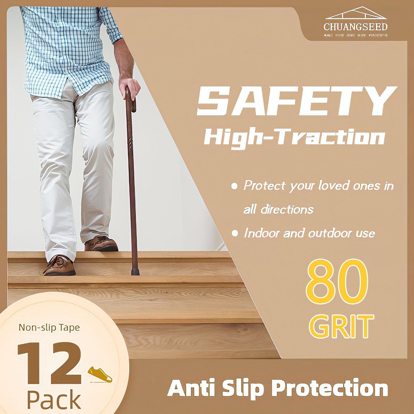 CHUANGSEED 12-Pack Stair Non-Slip Tape 8''x30'' Anti Slip Tape Heavy Duty Black Anti-Slip Outdoor treads Grip Tape High Traction Adhesive Treads Suitable for Most Slippery Surfaces