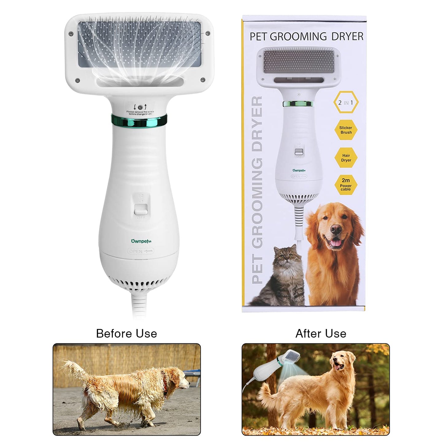 Ownpets Pet Hair Dryer, 2 in 1 Portable Home Pet Grooming Hair Dryer, Adjustable Temperature Settings & Low Noise, Pet Care for Medium Small Large Dogs Cats,with Slicker Brush and Fur Remover