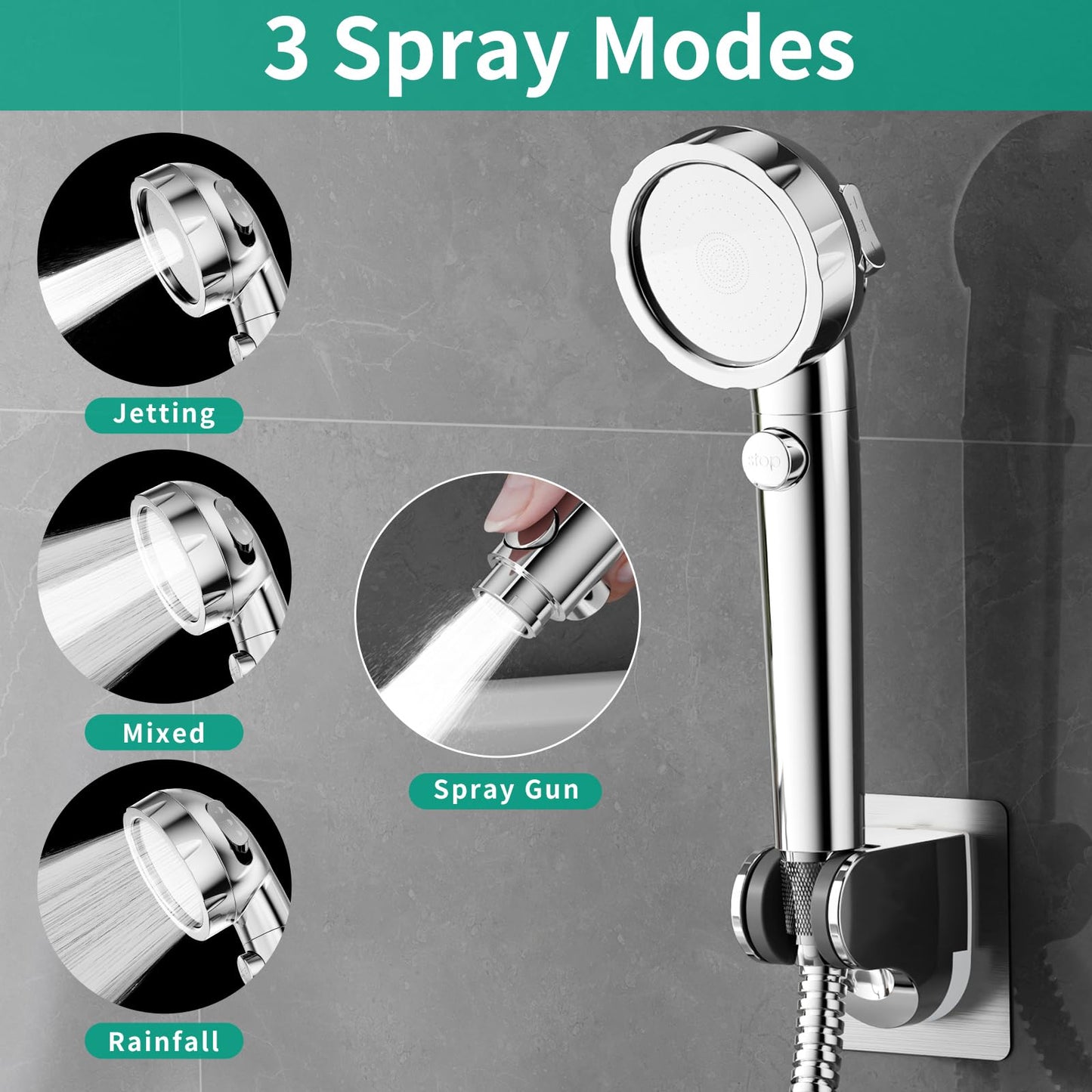 HEROBAI Sink Hose Sprayer Attachment, 3 Mode Shower Head Attaches to Tub Faucet with 5 Adapters, High Pressure Shower Head for Bathtub, Handheld Shower Head with Filter (Chrome)