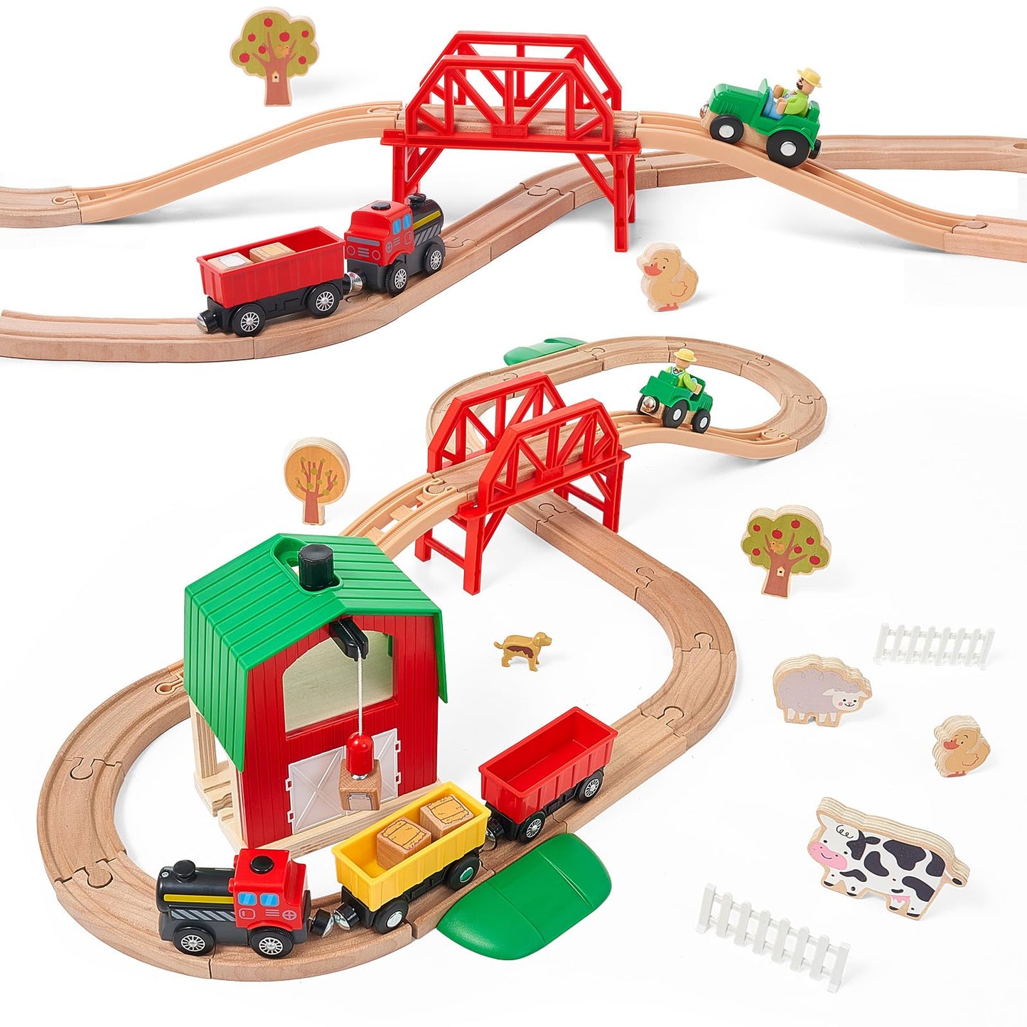 Wooden Farm Train Set for Toddlers, Battery Operated Train Railway Track Set with Bridge, Barn, Animals, Tractor Cargo Trains, Compatible with Most Brand, Toy Gift for Kids Boys Girls Age 3-8