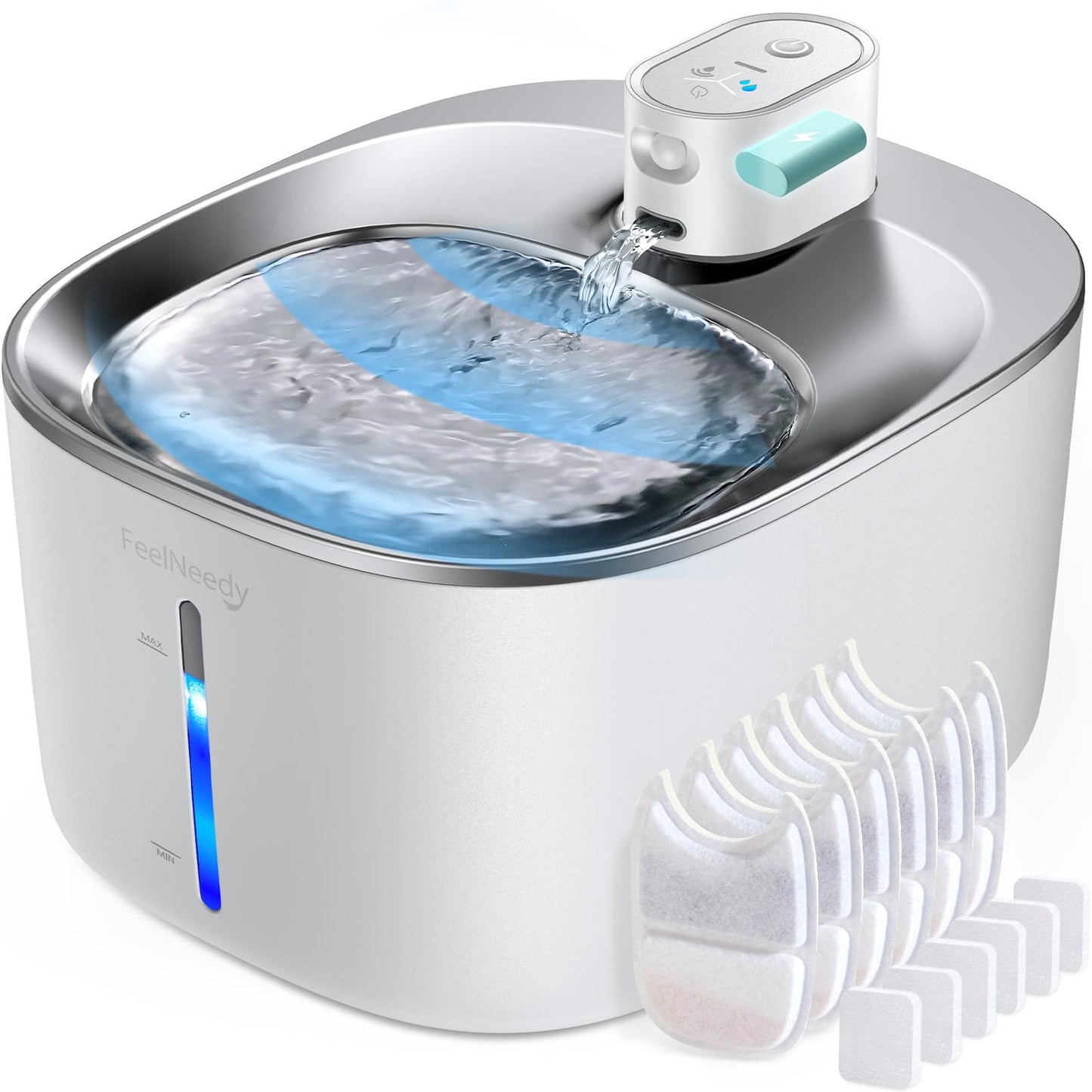 Wireless Cat Water Fountain Battery Operated, FEELNEEDY 4L/135 fl oz Pet Water Fountain for Cats and Dog with Motion Sensor, Wireless Ultra Quiet Cat Drinking Fountain with 6 Filters White YPD-C004