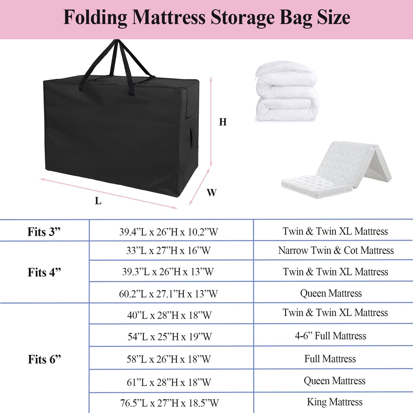 Andacar Folding Mattress Storage Bag, 63inch Durable Carry Case Fits for Tri-Fold Up to 6 inch Queen Mattress Waterproof Cushion Storage Bag - 61x28x18inch