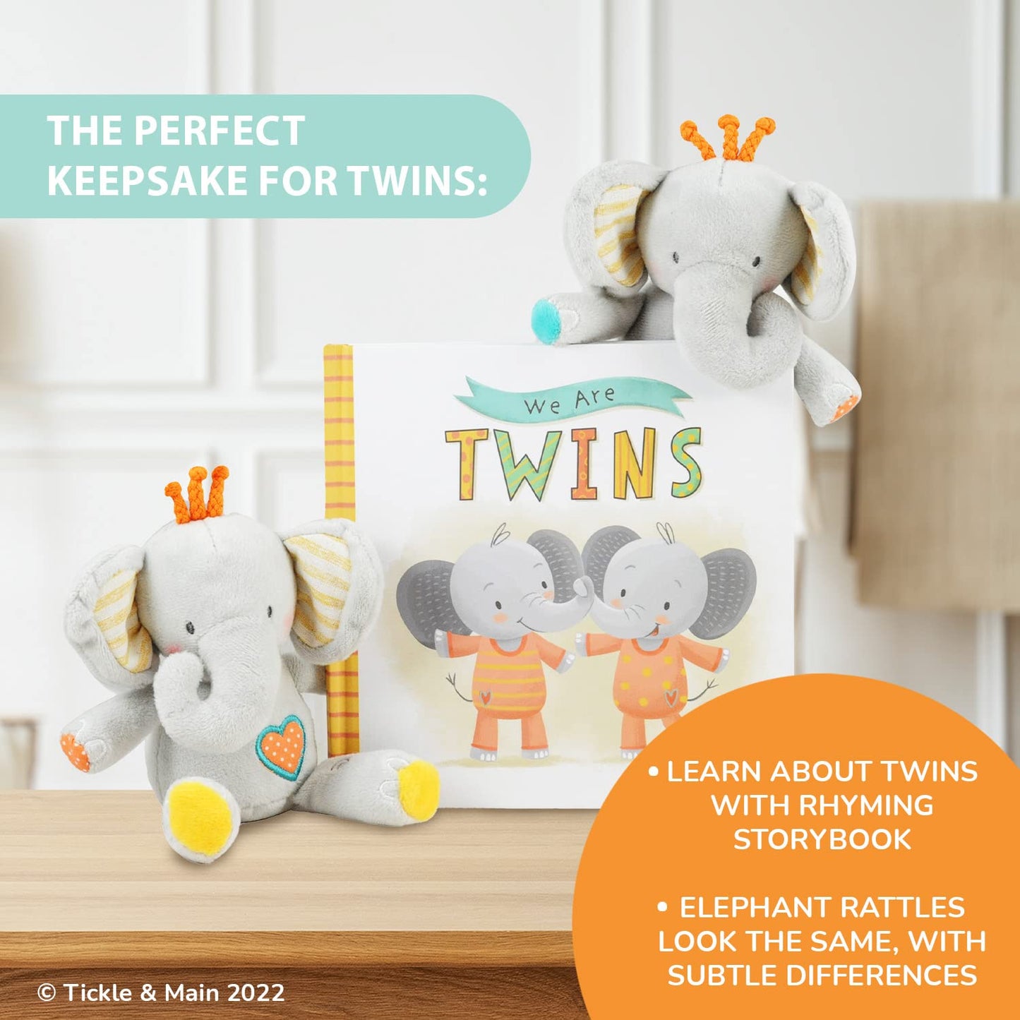 Tickle & Main, We are Twins - Baby and Toddler Twin Gift Set- Includes Keepsake Book and Set of 2 Plush Elephant Rattles for Boys and Girls. Perfect for Newborn Infant