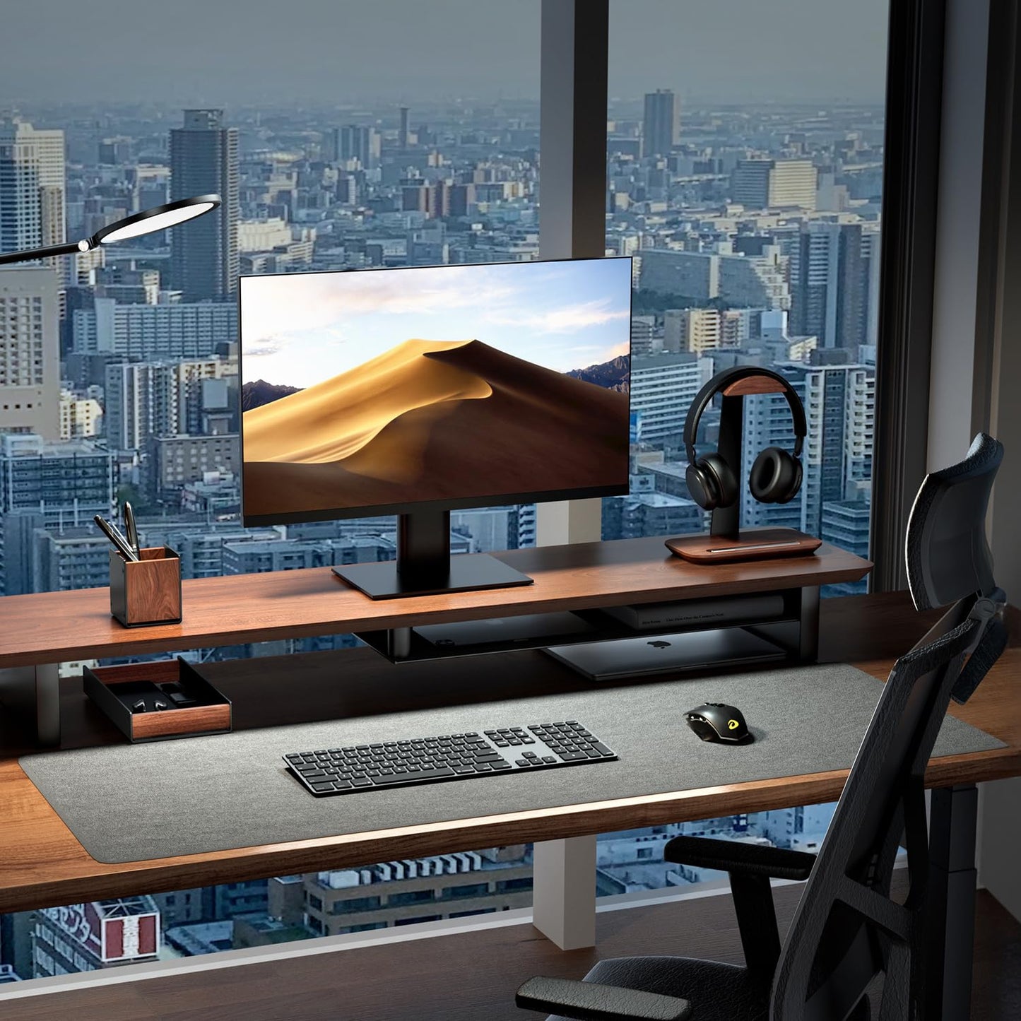 SHUOSUO Walnut Wood Desk Tray with Pen Holder Set, Natural Wooden & Aluminium Desk Office Draw Organizer Tray for Keys, Pen, Watch