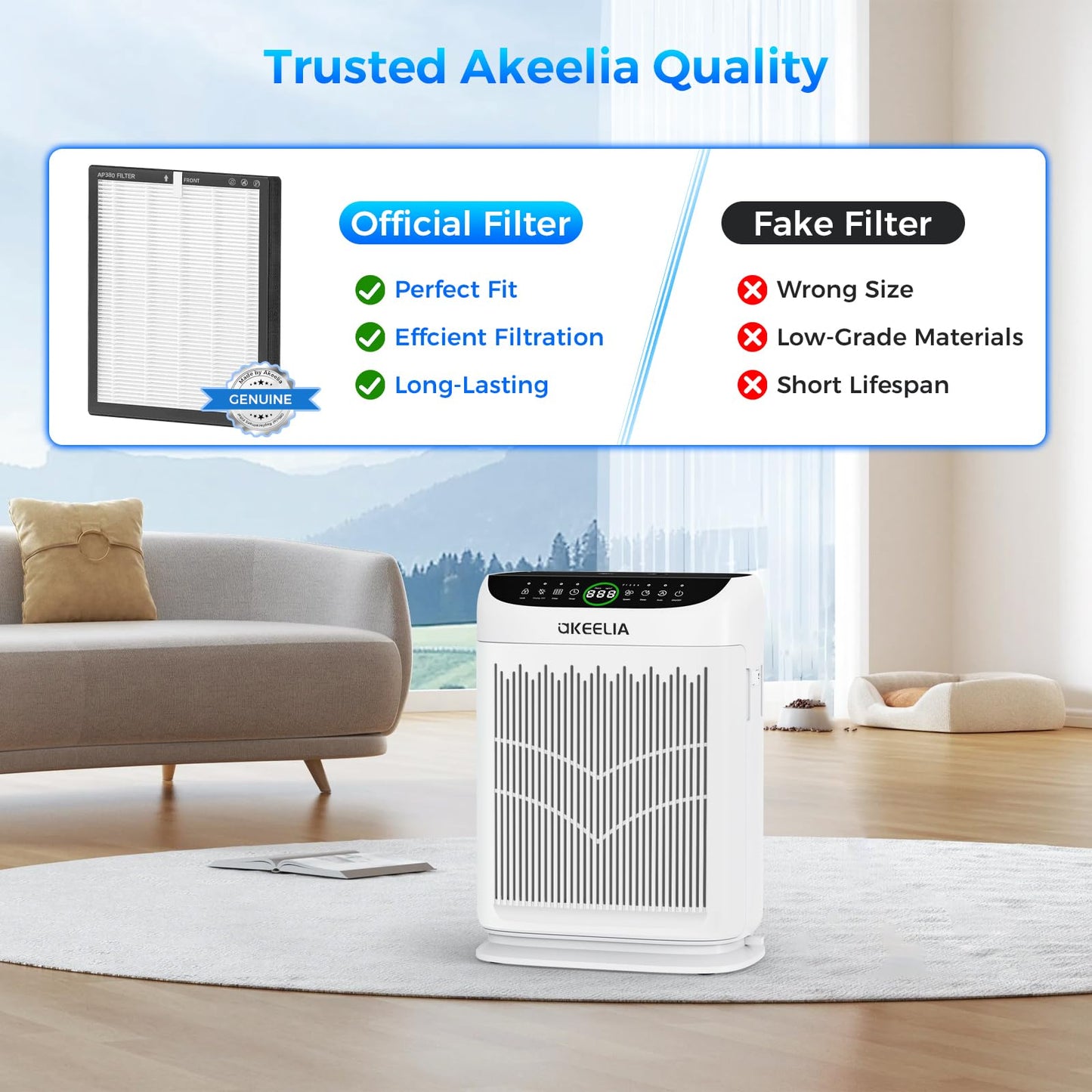 Air Purifier Replacement Filter for Akeelia AP380 Air Purifier, 3-in-1 H13 True High-Efficiency Activated Carbon Filter, 2-Pack