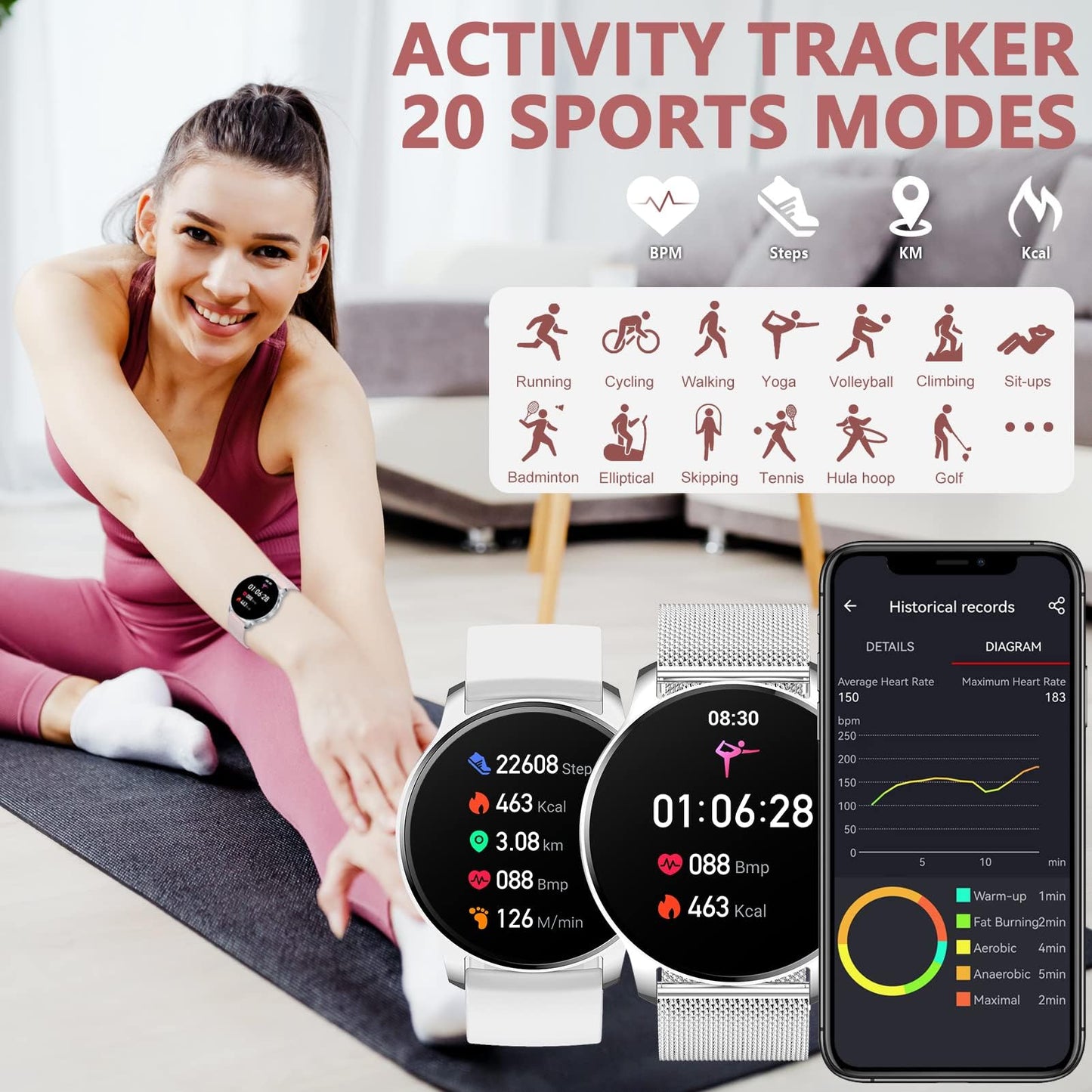 Smart Watch for Women (Make/Answer Call) Fitness Tracker for Android iOS Phones Waterproof Digital Watch with Heart Rate Sleep Monitor Pedometer AI Voice Control DIY Watch Face, Silver