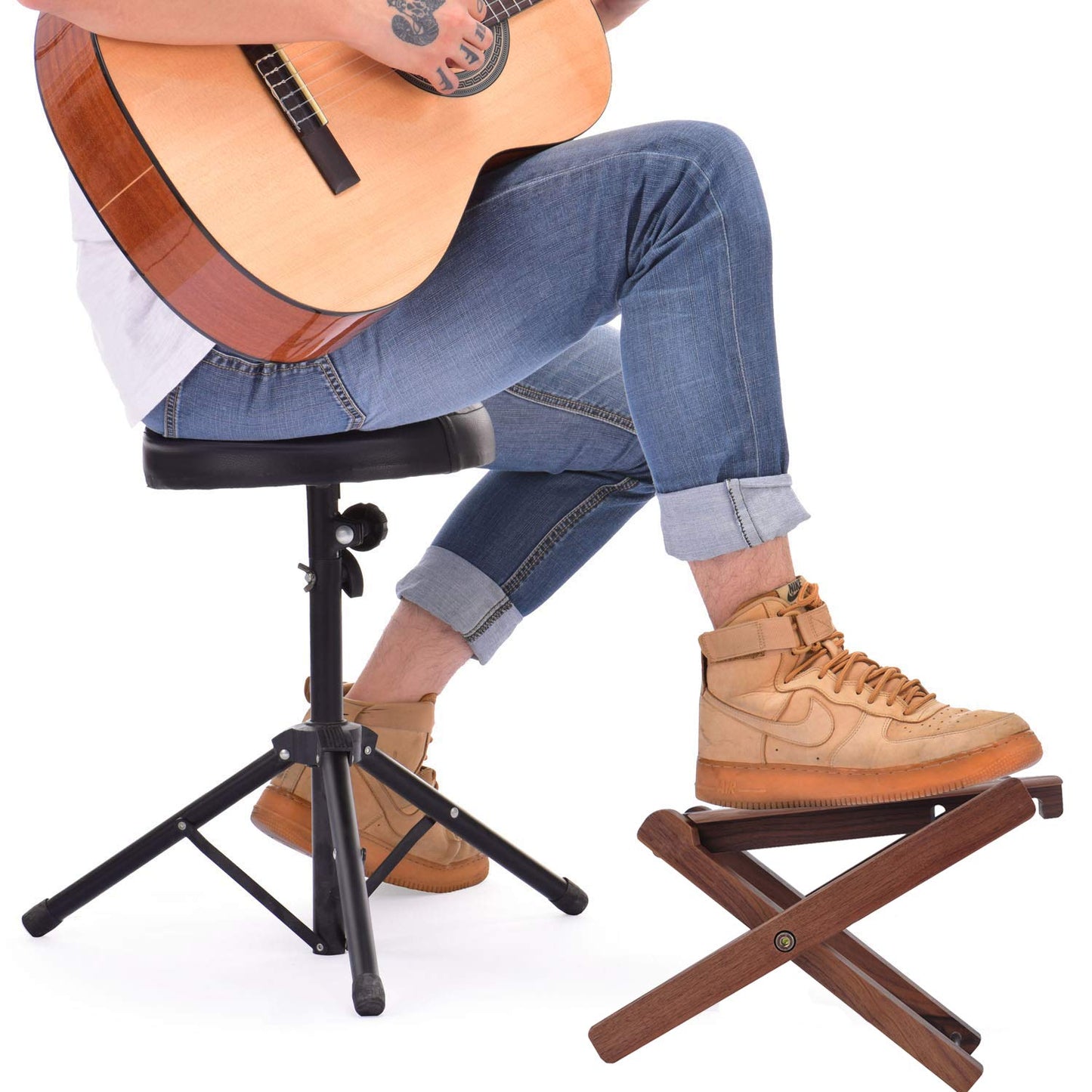Guitar Foot Stool Black Walnut Solid Wood Guitar Pedal Guitar Foot Rest Stool Pedal 4-Level Adjustable Folding Wood Footstool Pedal