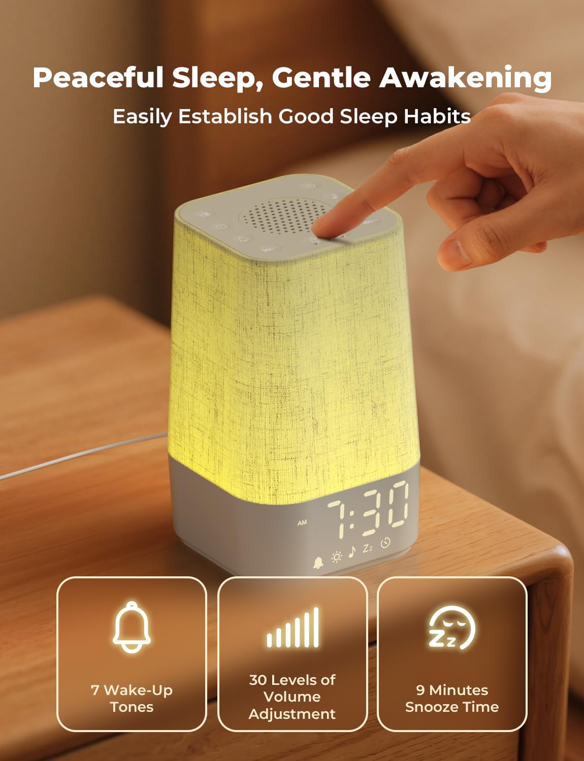 LIORQUE Sunrise Alarm Clock Wake Up Light with 30 Soothing Sounds Dimmable Display, Digital Alarm Clock with Mains Powered for Bedroom, Night Light & White Noise Sound Machine for Kids Adults