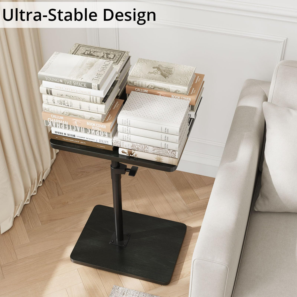 C Shaped End Table Adjustable Height, 360°Swivel TV Tray Table for Small Spaces, Couch Tables That Slide Under, Snack Side Table for Sofa, Bed, Chair, TV Table for Eating, Dinner or Laptop, Black