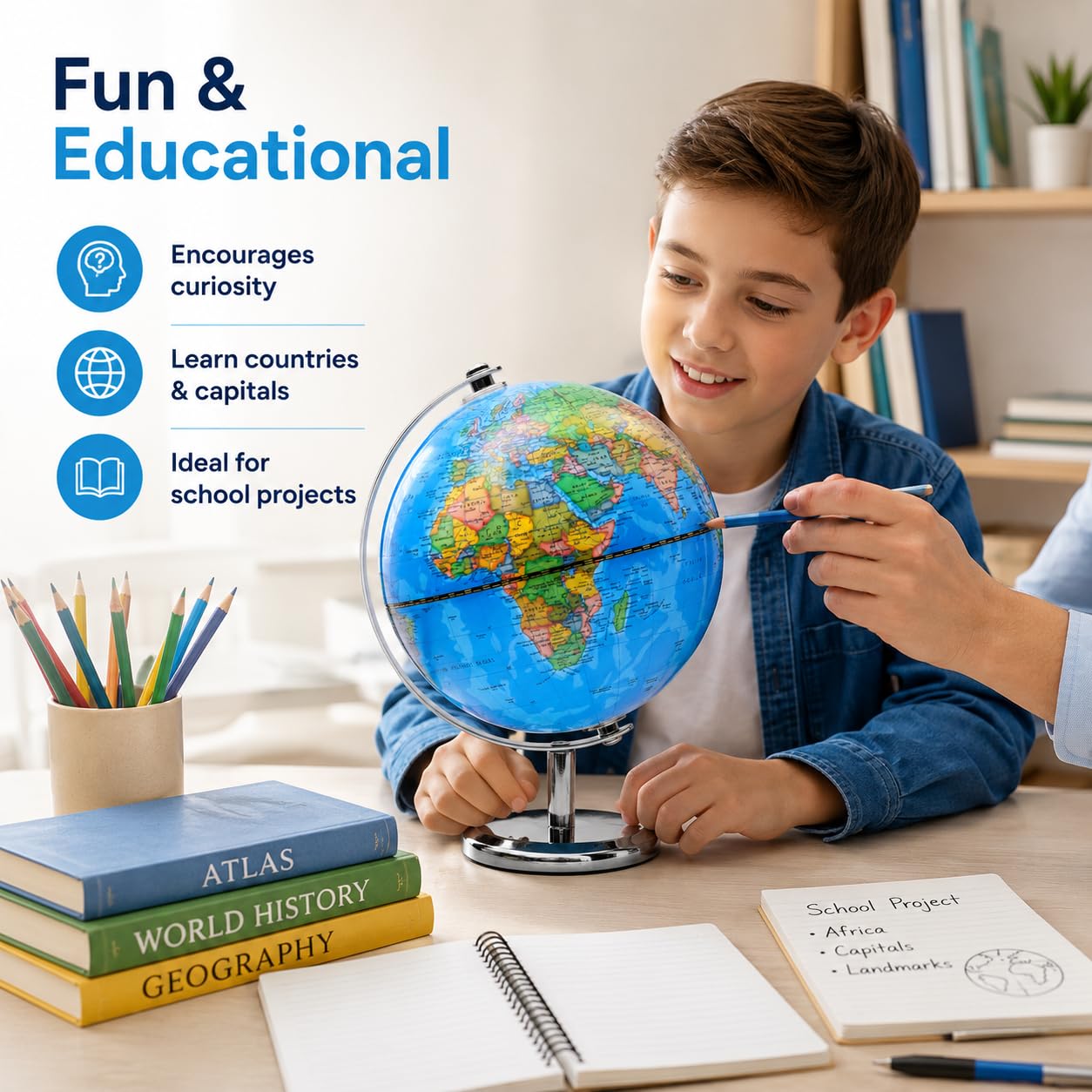 Exerz 20cm World Globe (8 Inch) – Political Map in English, Educational Geography Tool for Kids & Students, Rotating Desk Display with Stainless Steel Base for Home Office