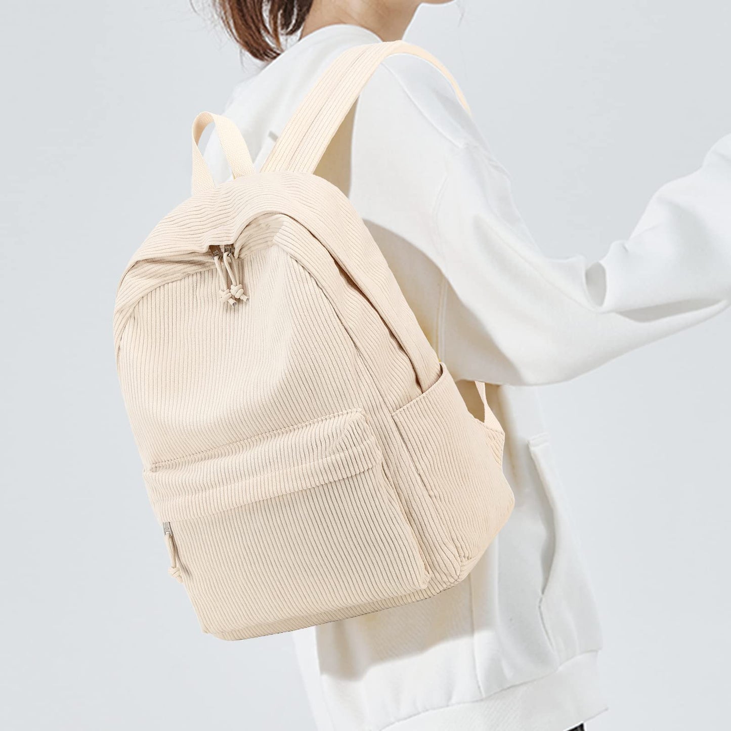 School Backpack for Teens Large Corduroy Bookbag Lightweight Girls Boys Casual High School College Backpacks, Beige, 17 inch, Classic