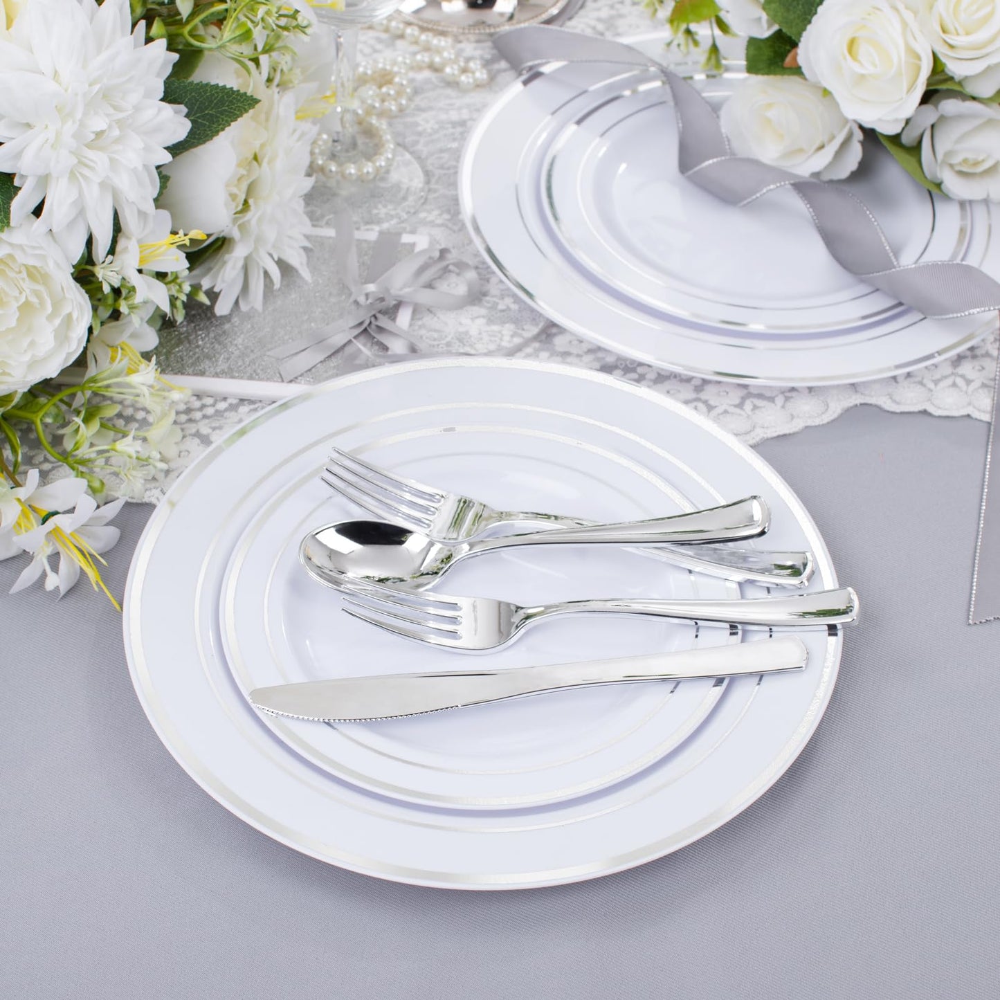 I00000 300 Pieces Silver Plastic Plates with Disposable Silverware, Fancy Tableware Sets Include 60 Dinner Plates 10.25", 60 Salad Plates 7.5", 60 Forks, 60 Knives and 60 Spoons Serve for 60 Guest