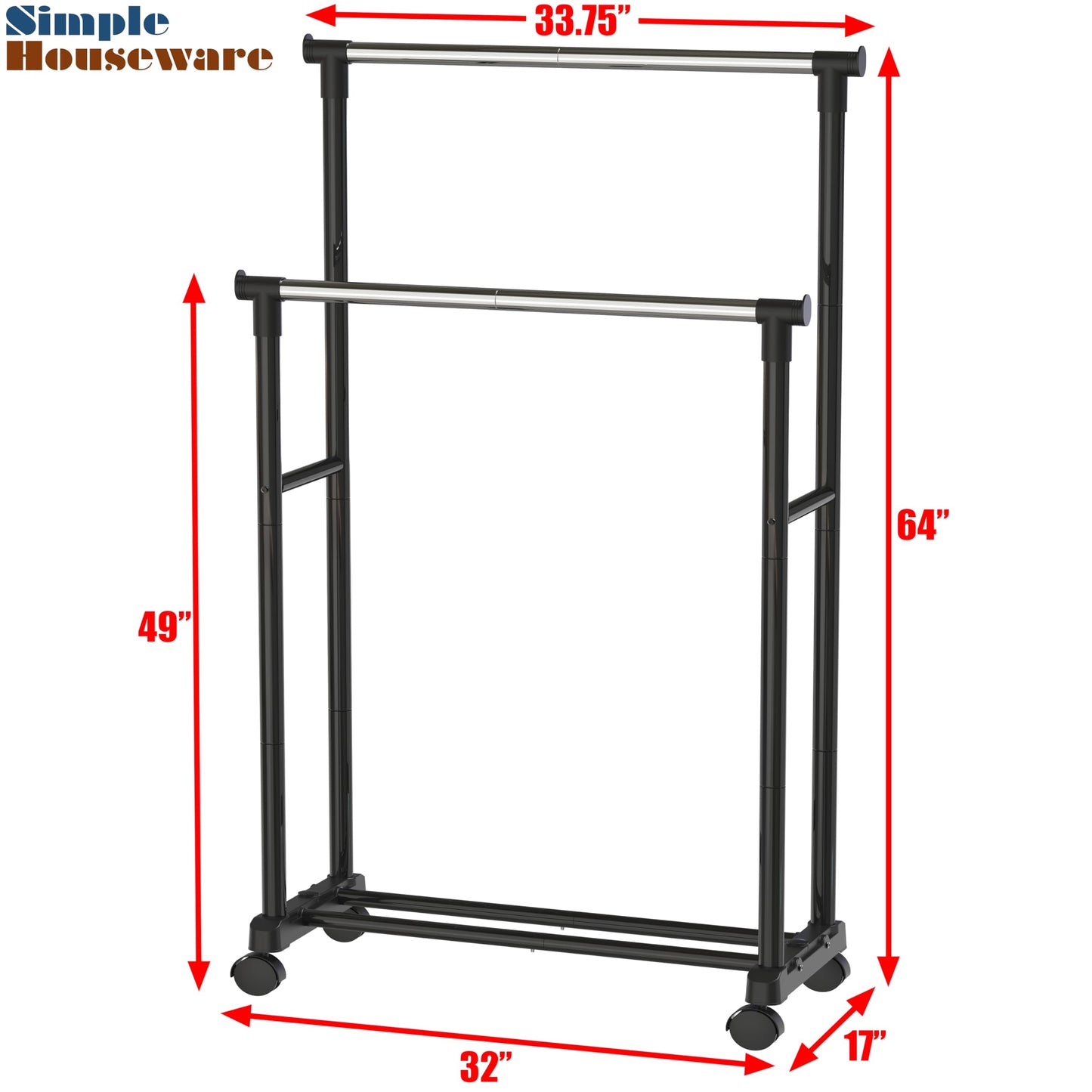 Simple Houseware Double Rods Clothing Rack on Wheels, Metal Rolling Garment Rack for Hanging Clothes, Black