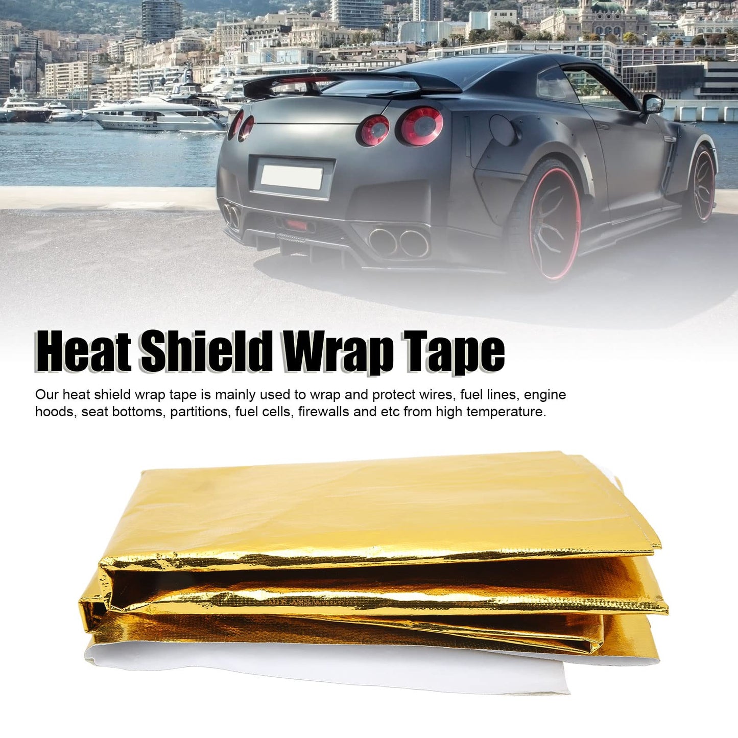 Heat Shield Wrap Tape, 39 X 47in High Temperature Heat Reflective Adhesive Backed Roll, Aluminum Foil Heat Thermal Barrier Tape, Thermal Insulation Adhesive Tape for Wires, Engine (Gold)