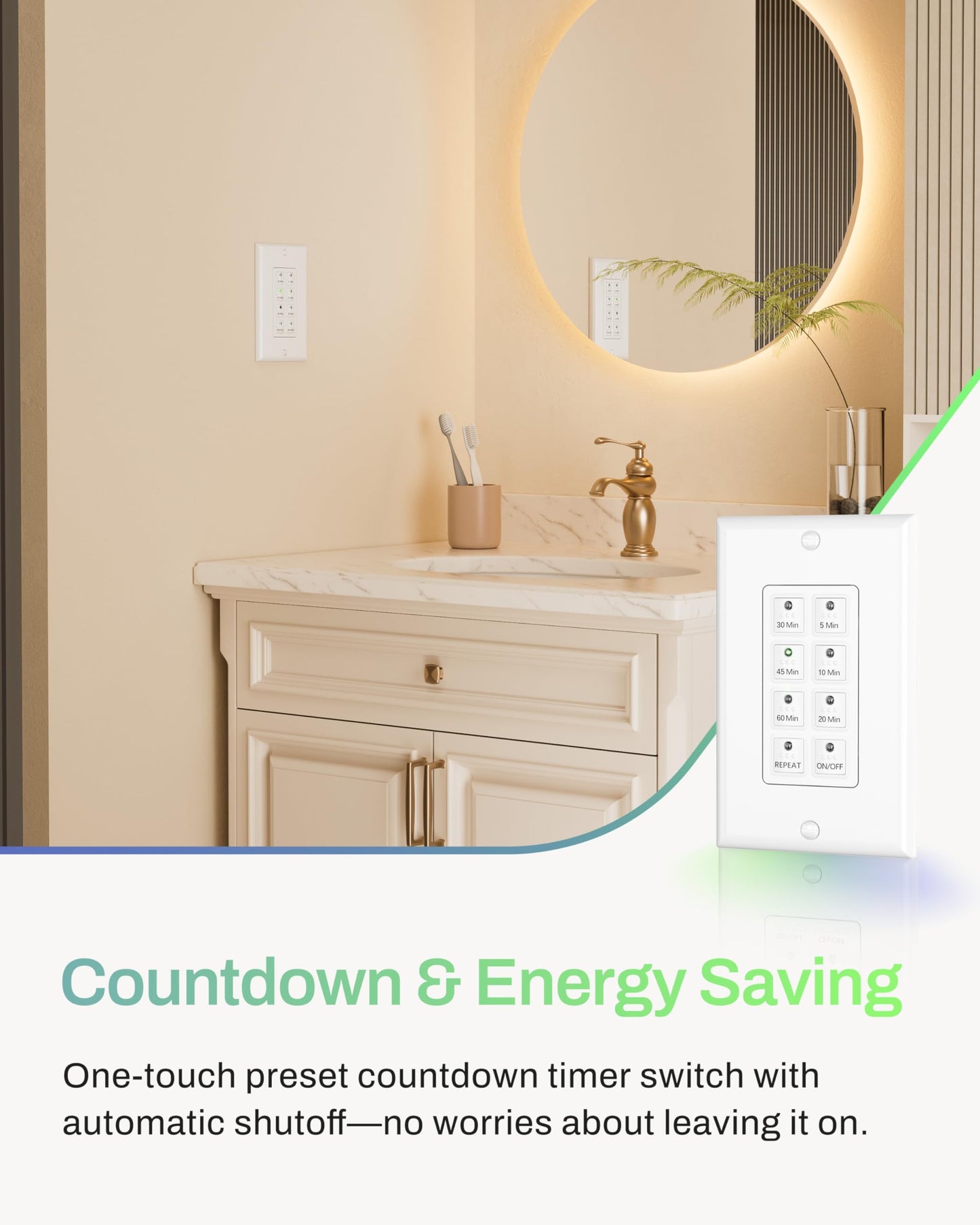 BN-LINK Countdown Digital Wall Timer Switch for Exhaust Fan with Push Button 5-10-20-30-45-60mins, Bathroom Fan Light Switch Timer Indoor, Neutral Required, Wall Plate Included, White
